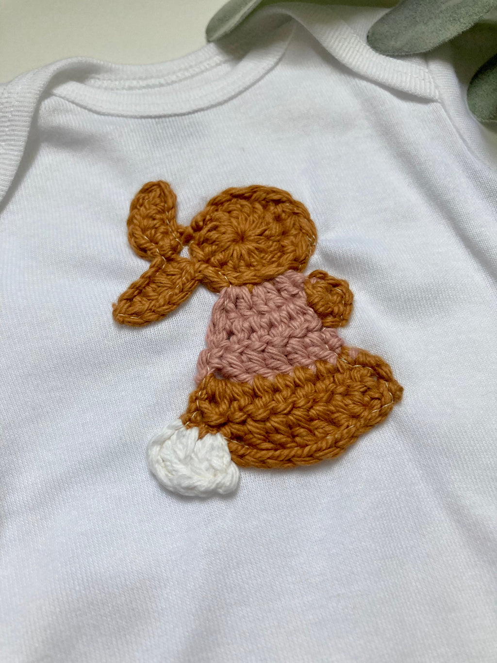 Crochet Cotton-tail Rabbit Applique Baby Onesie, Expecting Mom Gift