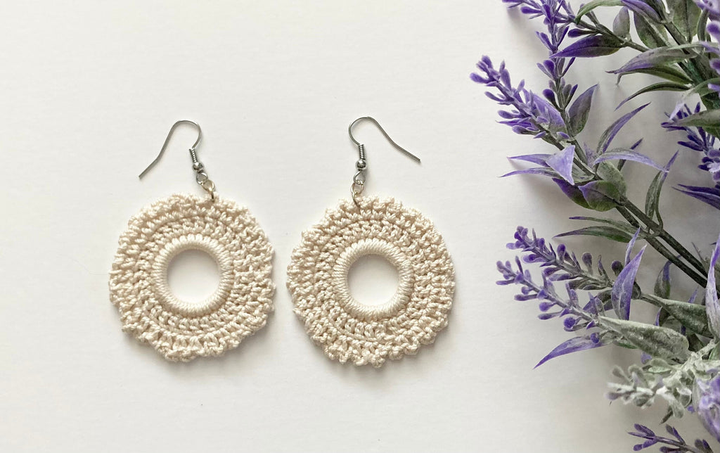 Handmade Crochet Chandelier Earrings: Cream Cotton Boho Jewelry
