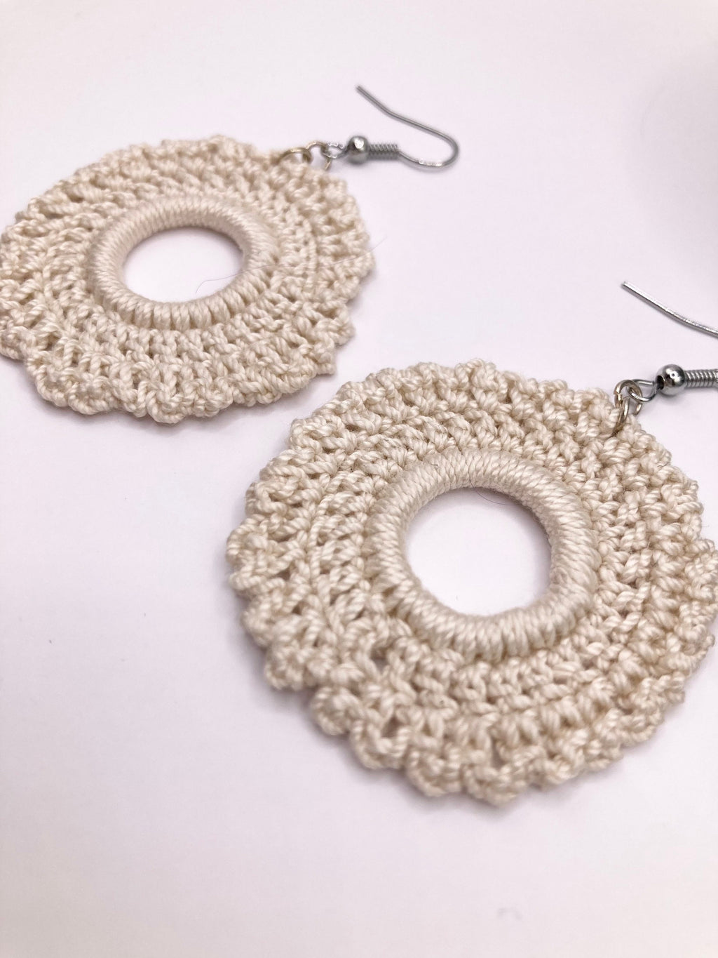 Handmade Crochet Chandelier Earrings: Cream Cotton Boho Jewelry