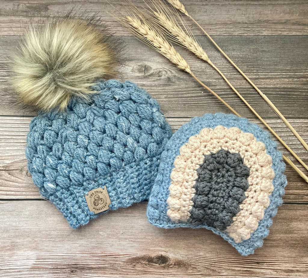 Custom Crochet Baby Gift Set, Pom Pom Beanie, Rainbow Rattle