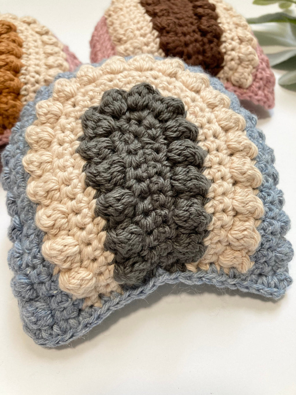Crochet Rainbow Baby Rattle: Gray, Cream & Blue Cotton Toy