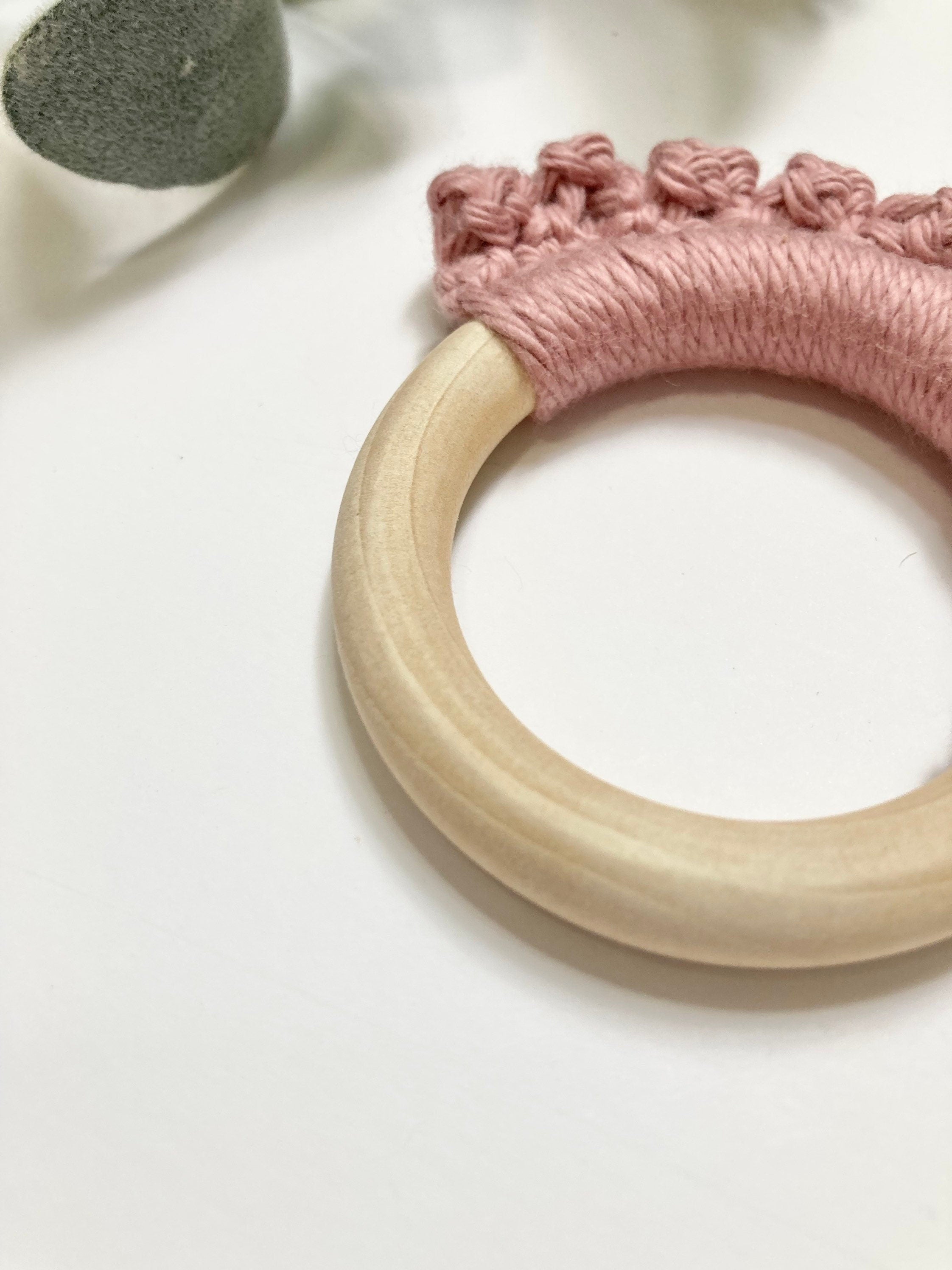 Crochet Baby Teether: Wooden Teething Toy, Rosy Cotton Yarn