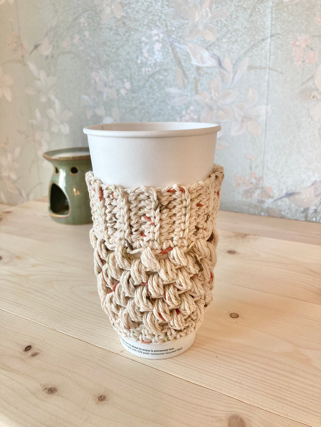 Beige Crochet Coffee Cup Cozy: Reusable Cotton Sleeve