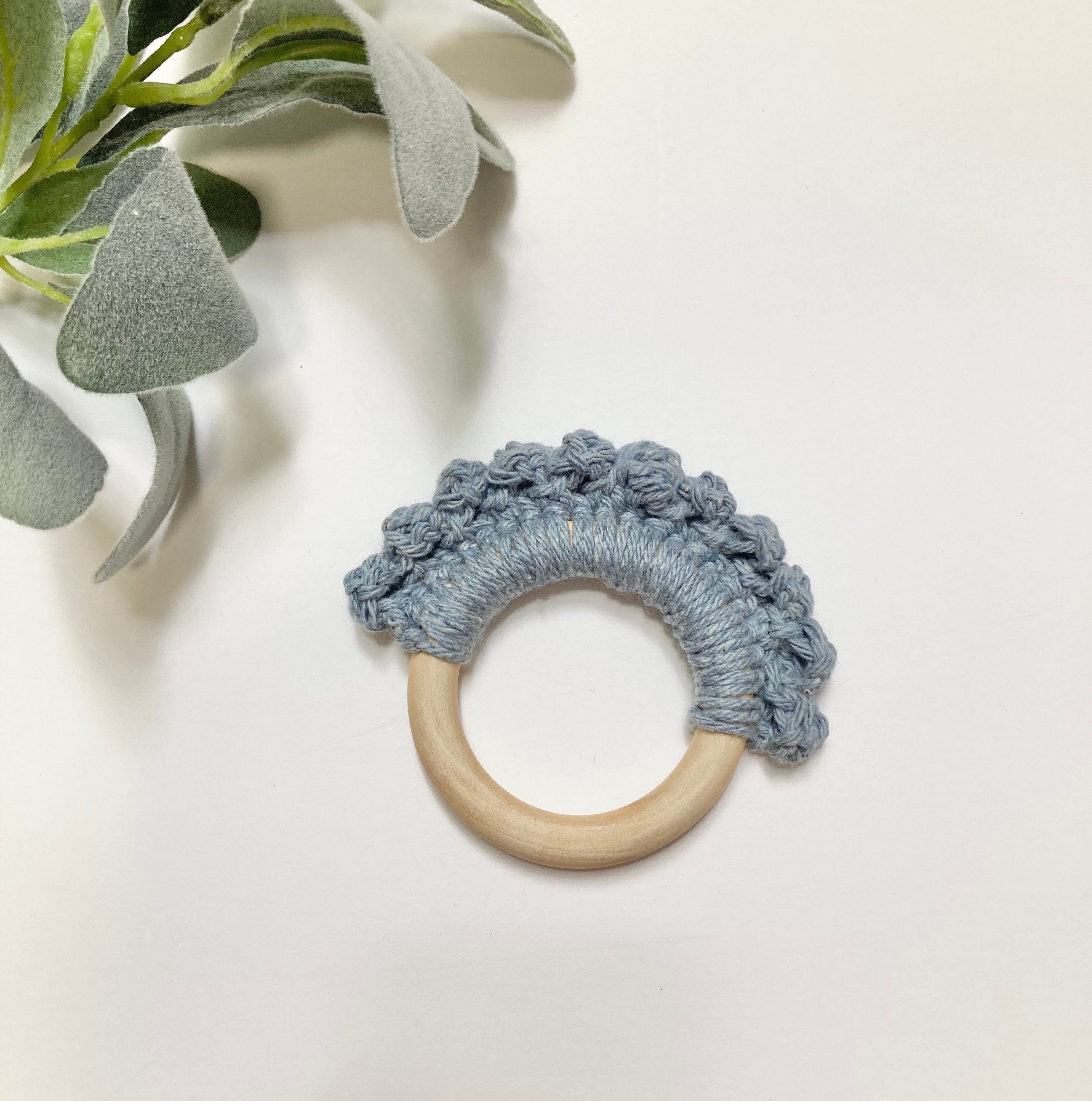 Crochet Baby Teether: Wooden Teething Toy, Stonewash Blue