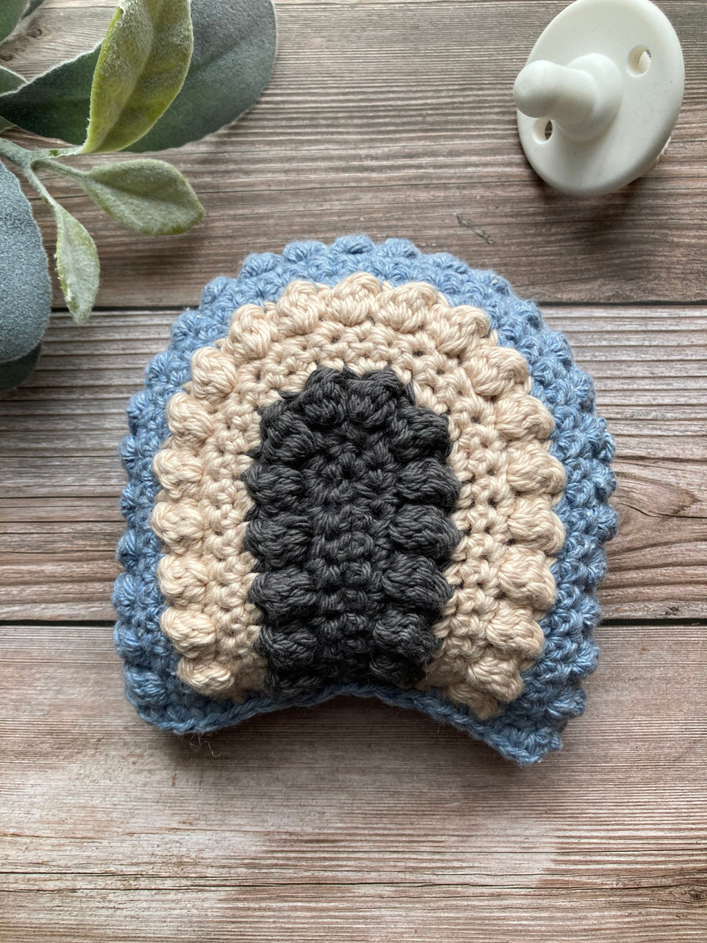 Crochet Rainbow Baby Rattle: Gray, Cream & Blue Cotton Toy