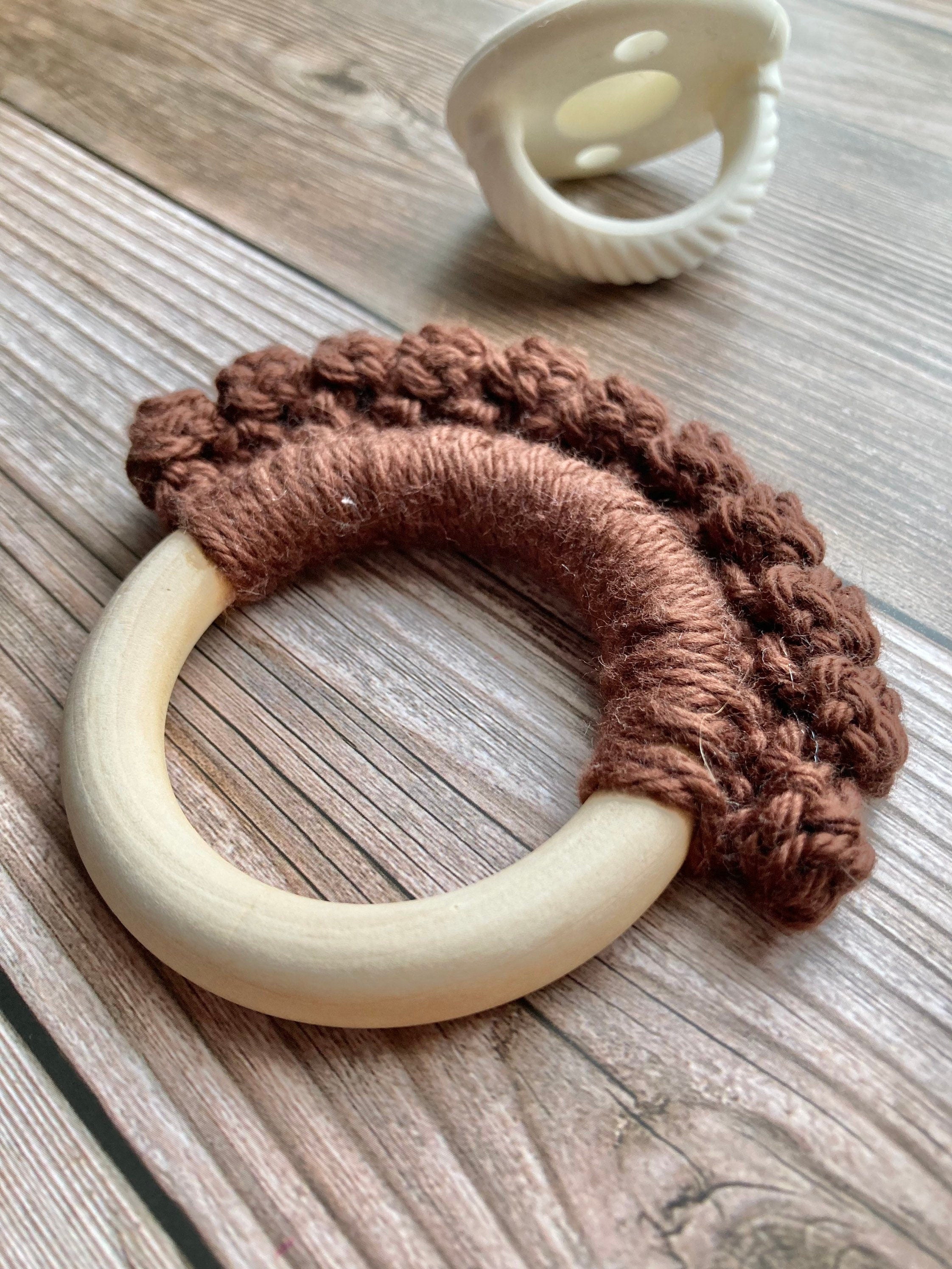 Crochet Baby Teether: Wooden Teething Toy, Brown Cotton Yarn