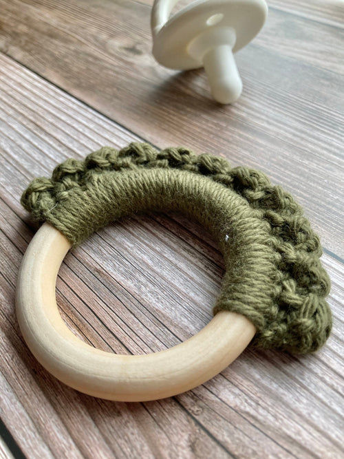 Crochet Baby Teether: Olive Cotton & Wood Teething Toy