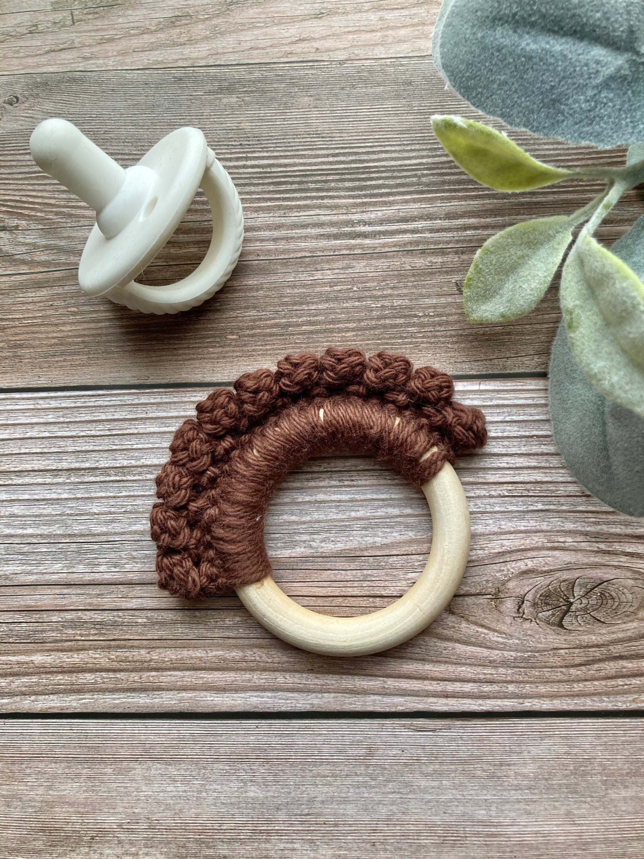 Crochet Baby Teether: Wooden Teething Toy, Brown Cotton Yarn