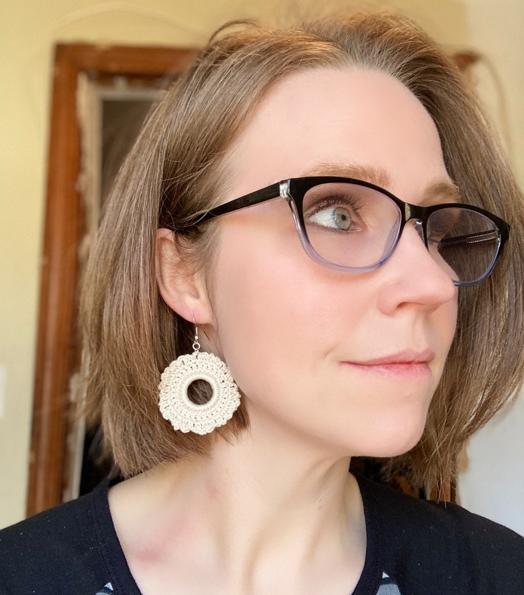 Handmade Crochet Chandelier Earrings: Cream Cotton Boho Jewelry