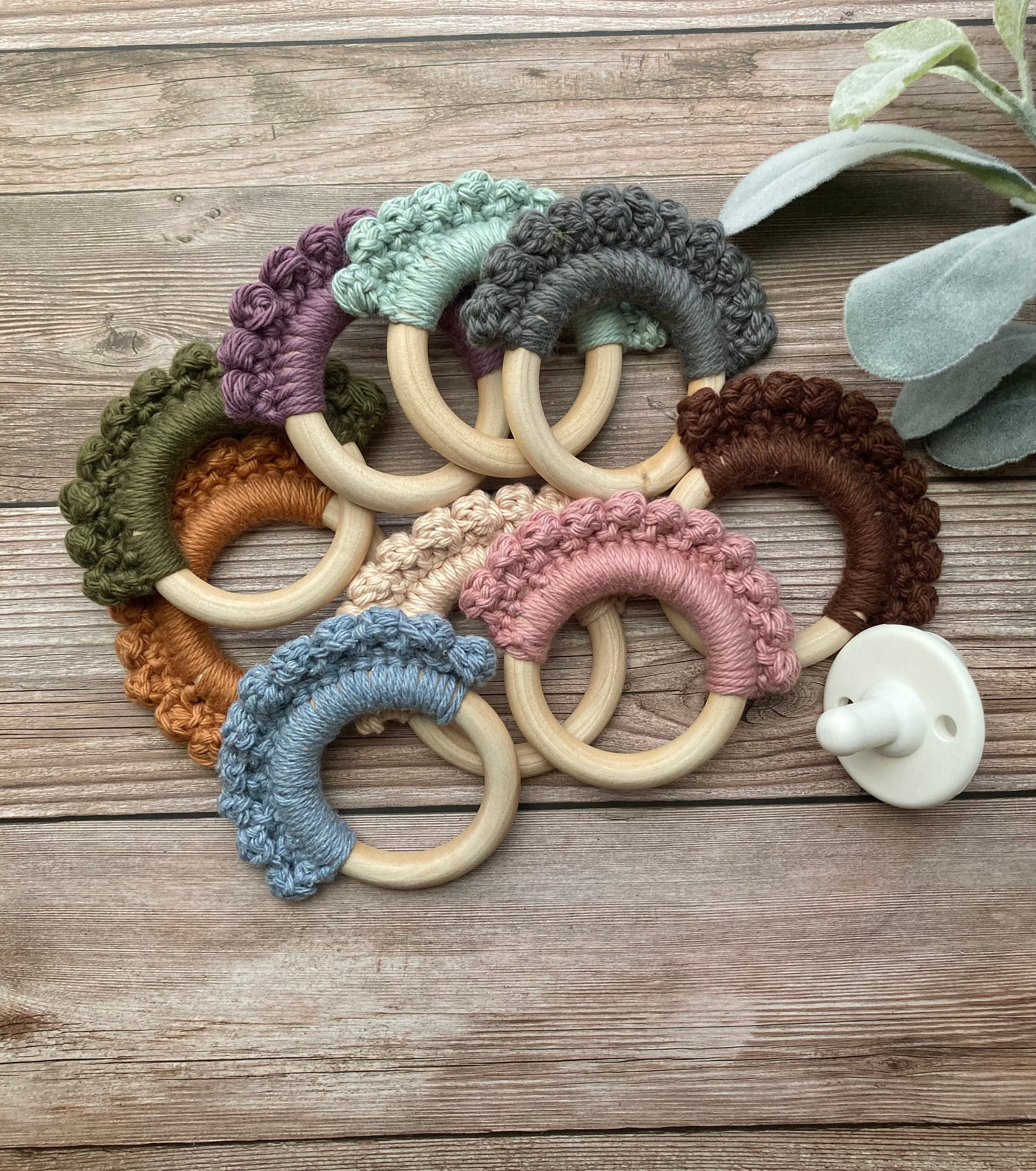 Crochet Baby Teether: Wooden Teething Toy, Antique Gold Cotton Yarn