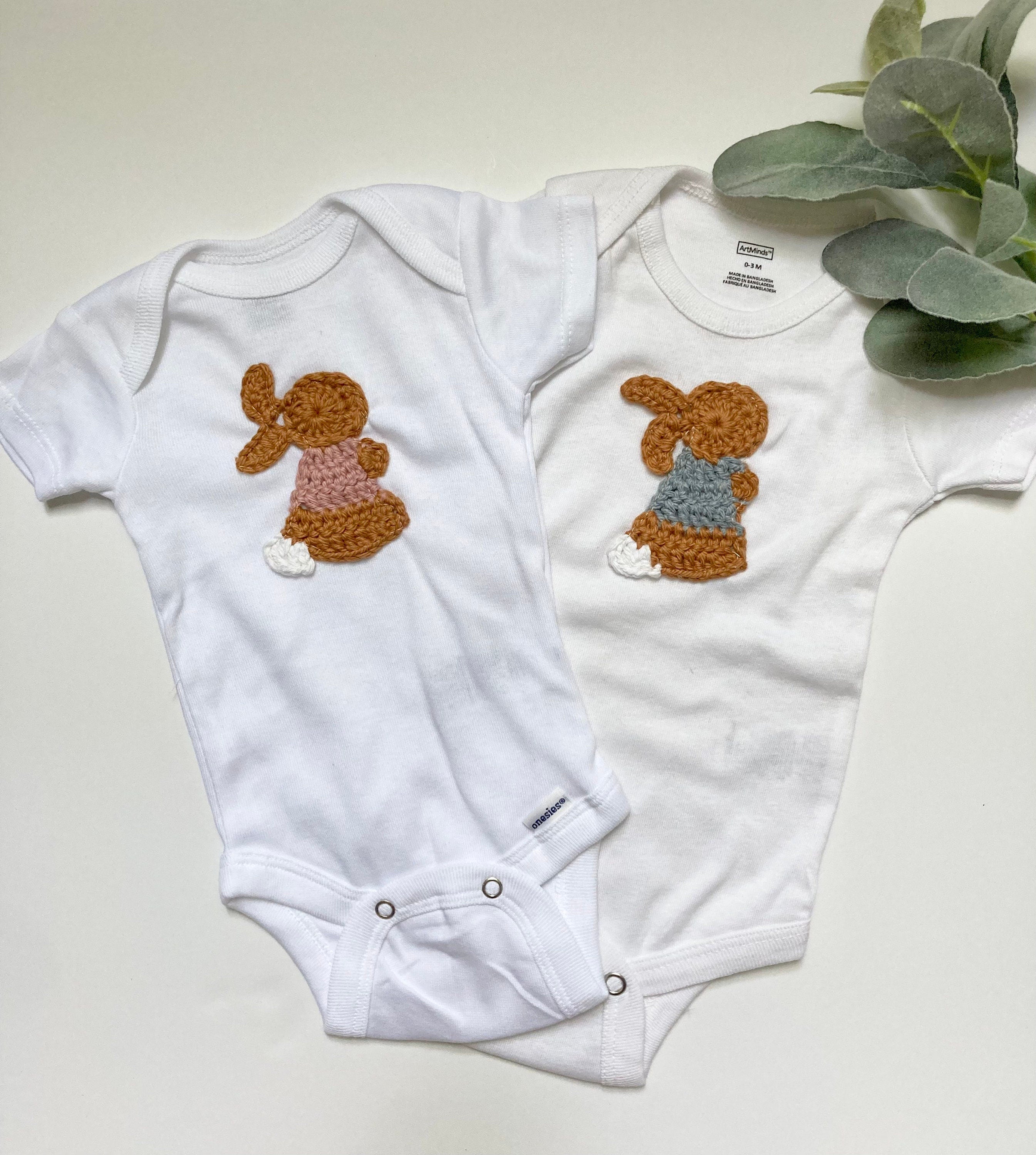 Crochet Cotton-tail Rabbit Applique Baby Onesie, Expecting Mom Gift