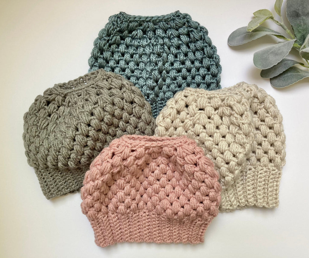Crochet Messy Bun Beanie: Linen Ponytail Hat for Women