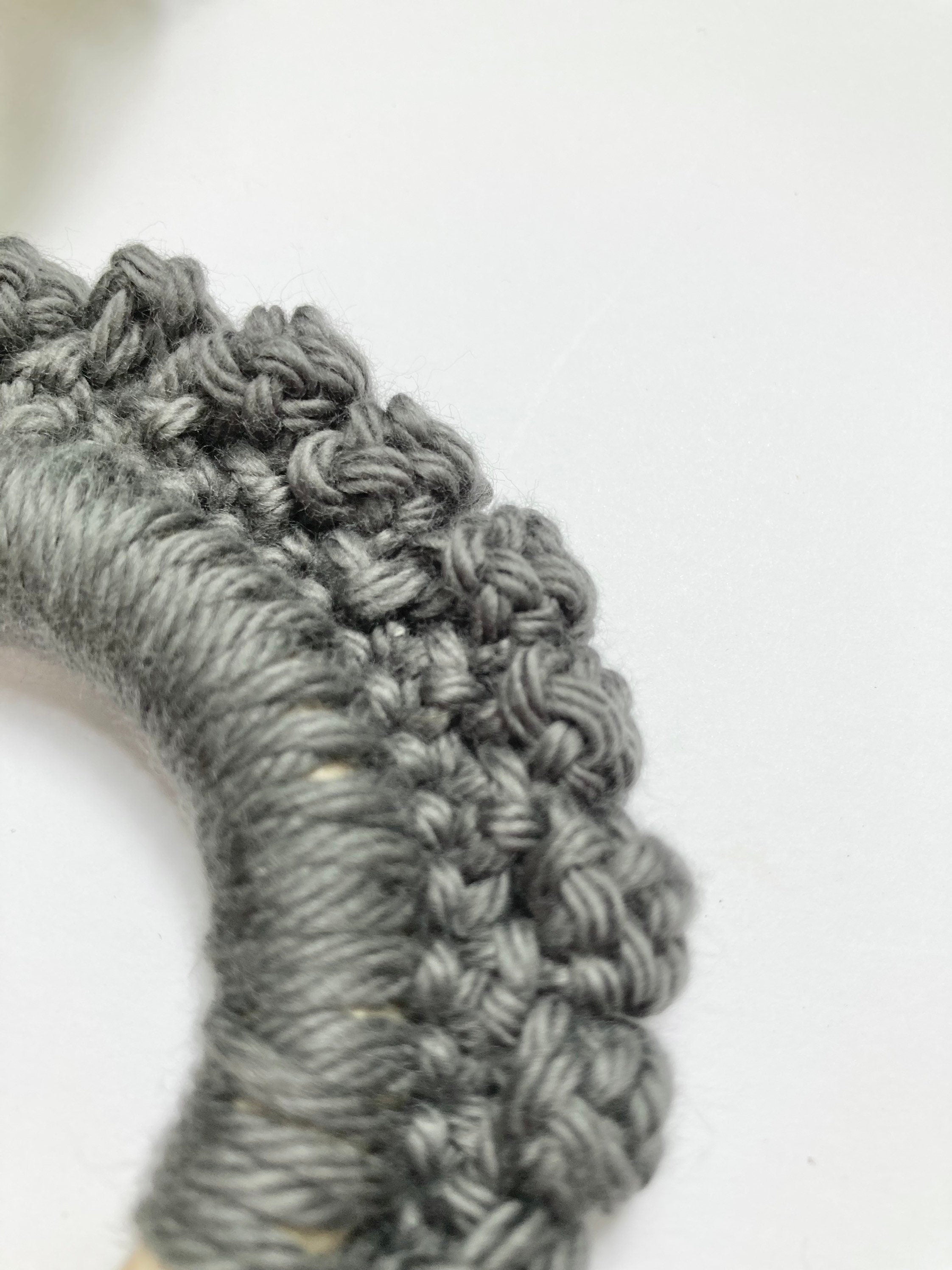 Crochet Baby Teether: Wooden Ring, Pewter Grey Cotton Yarn