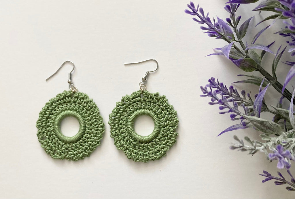 Handmade Crochet Earrings: Rosemary Green Boho Chandelier Earrings