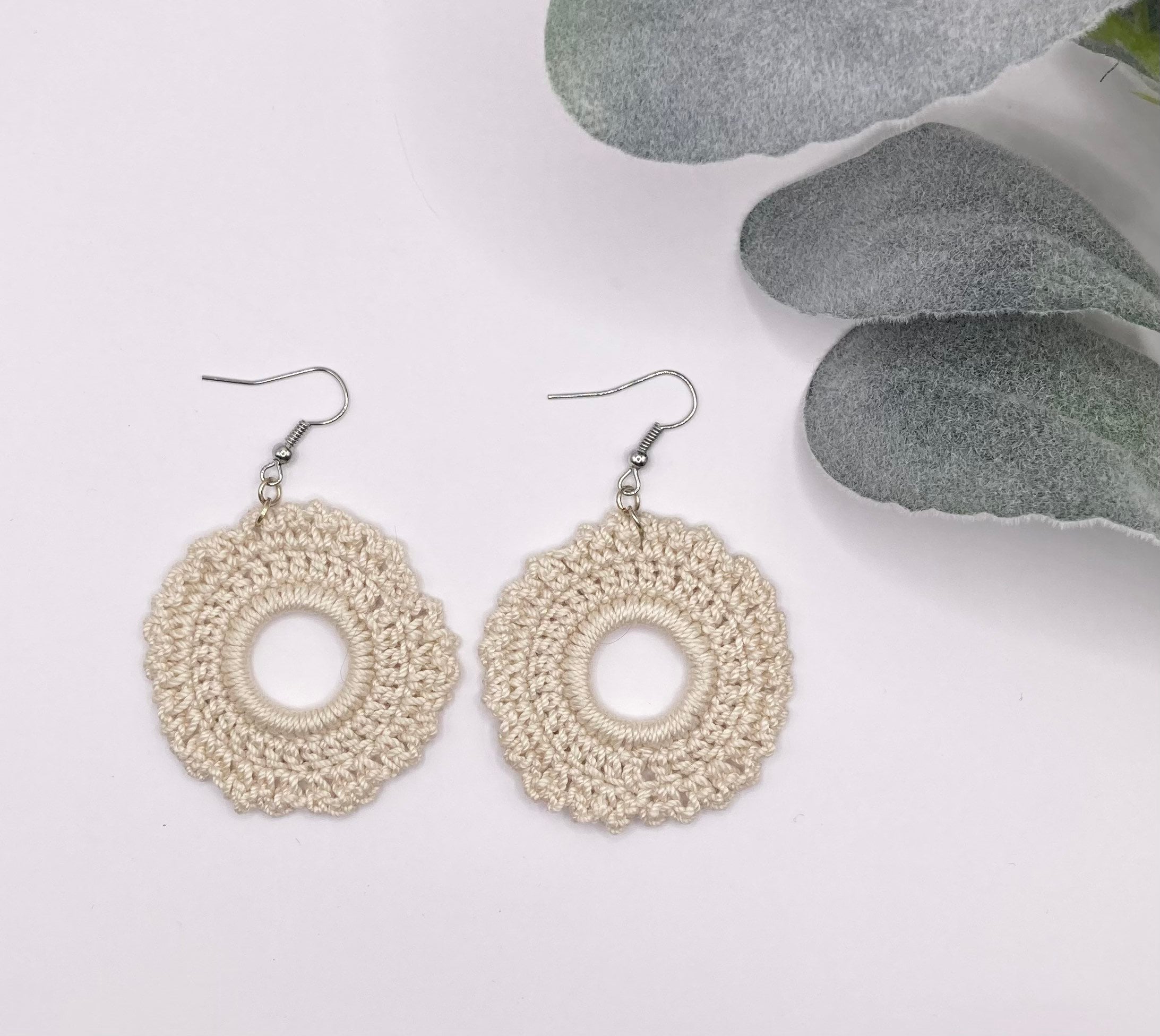 Handmade Crochet Chandelier Earrings: Cream Cotton Boho Jewelry