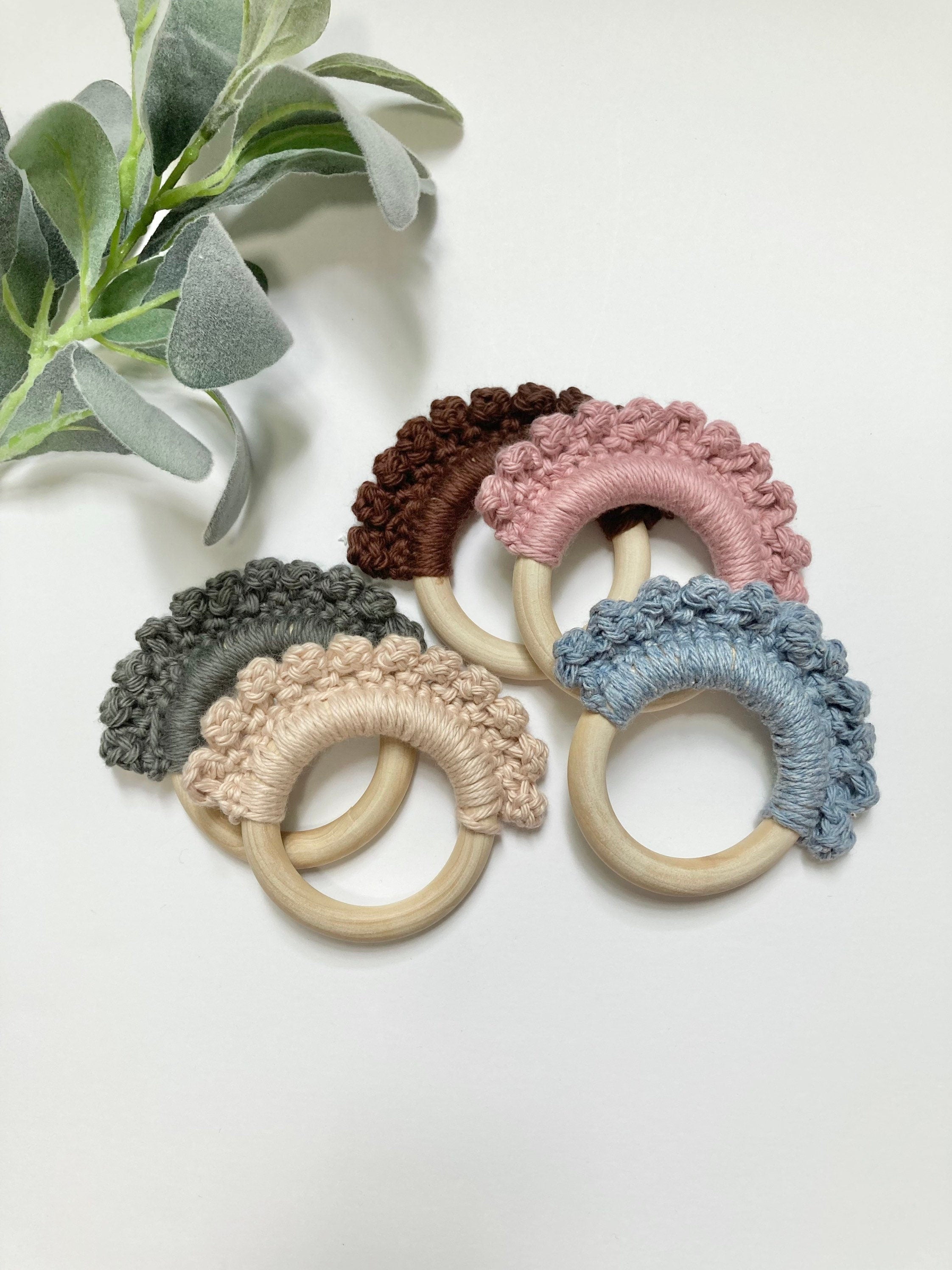 Crochet Baby Teether: Wooden Teething Toy, Brown Cotton Yarn