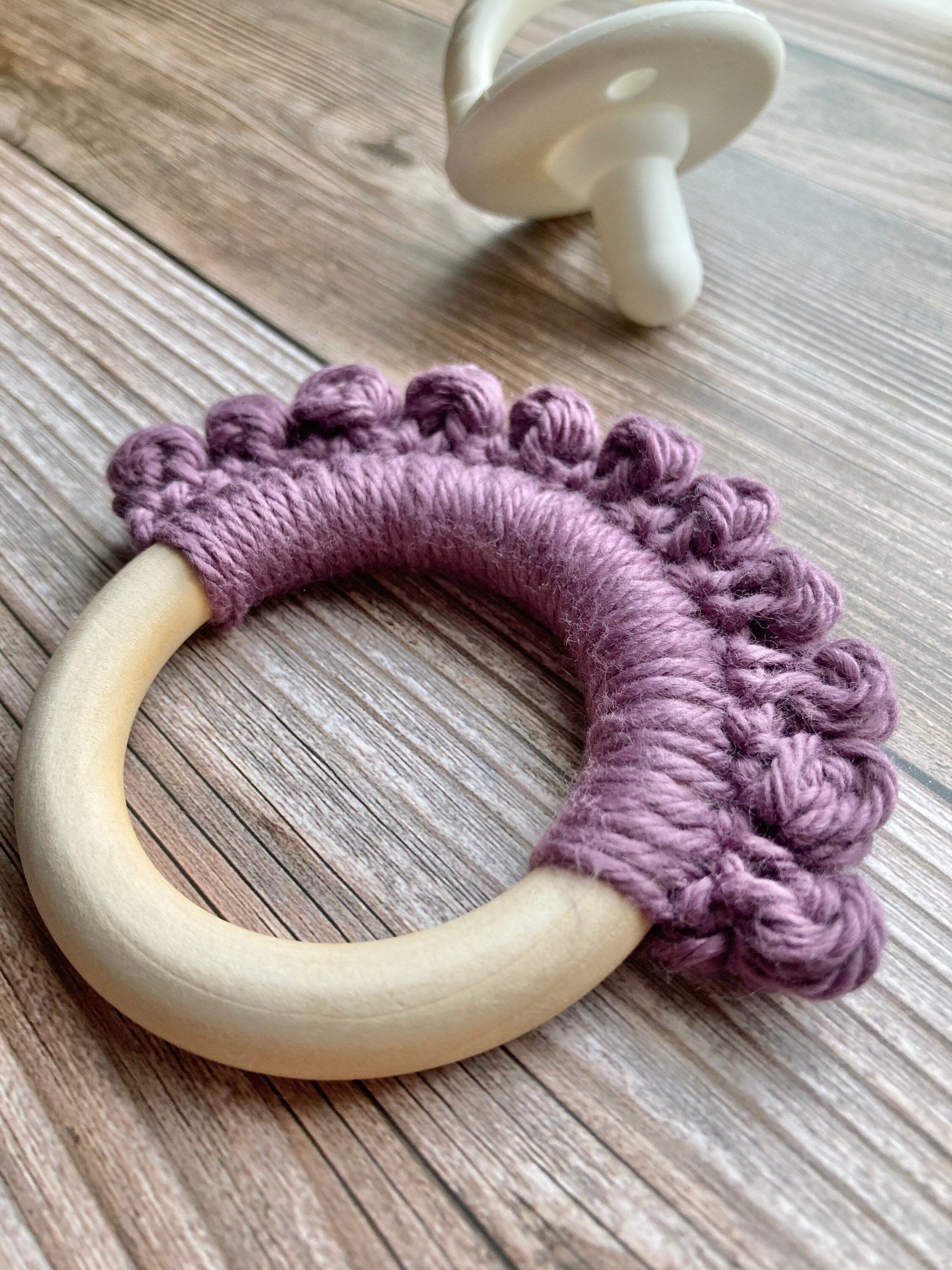 Crochet Baby Teether: Wooden Ring, French Lilac Cotton Yarn