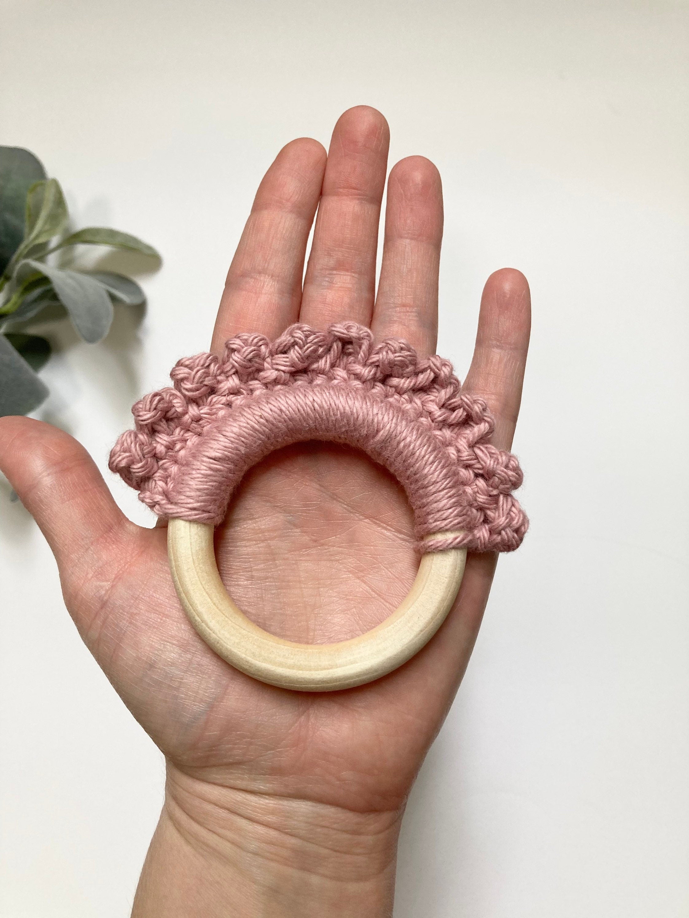 Crochet Baby Teether: Wooden Teething Toy, Rosy Cotton Yarn