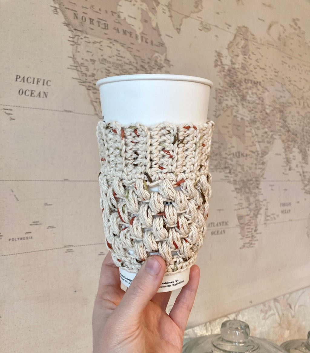 Beige Crochet Coffee Cup Cozy: Reusable Cotton Sleeve