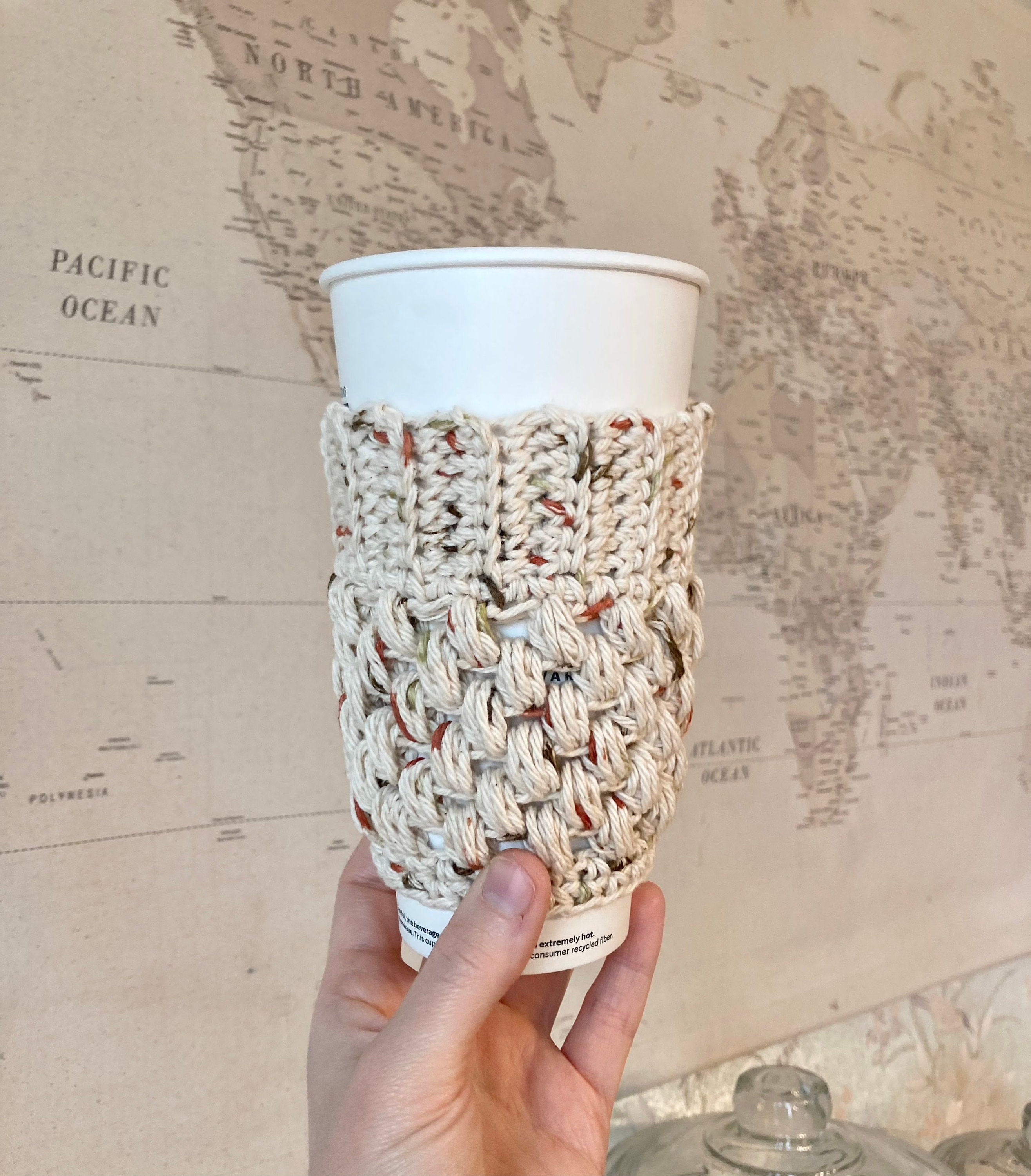 Beige Crochet Coffee Cup Cozy: Reusable Cotton Sleeve