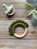 Crochet Baby Teether: Olive Cotton & Wood Teething Toy