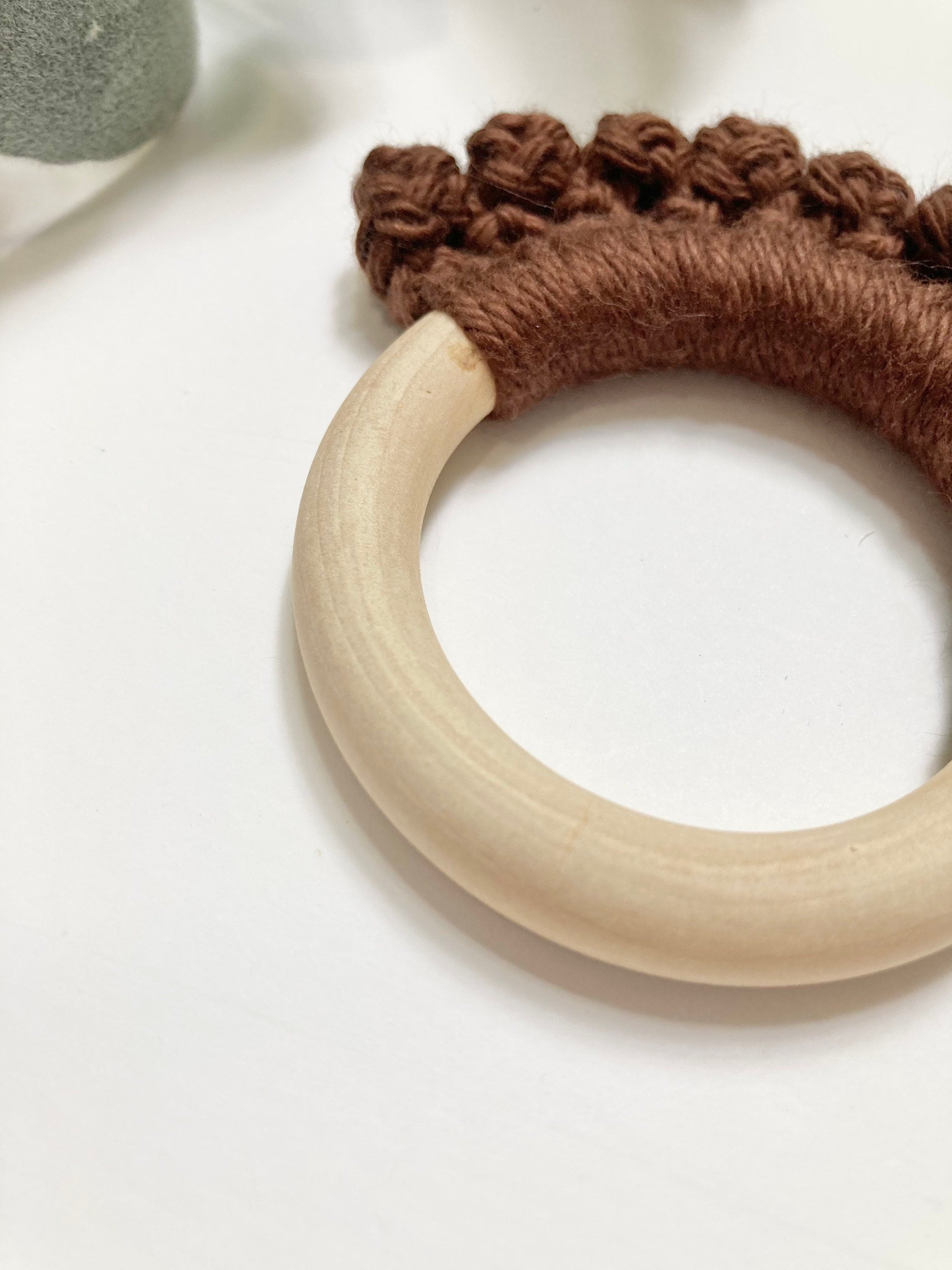 Crochet Baby Teether: Wooden Teething Toy, Brown Cotton Yarn