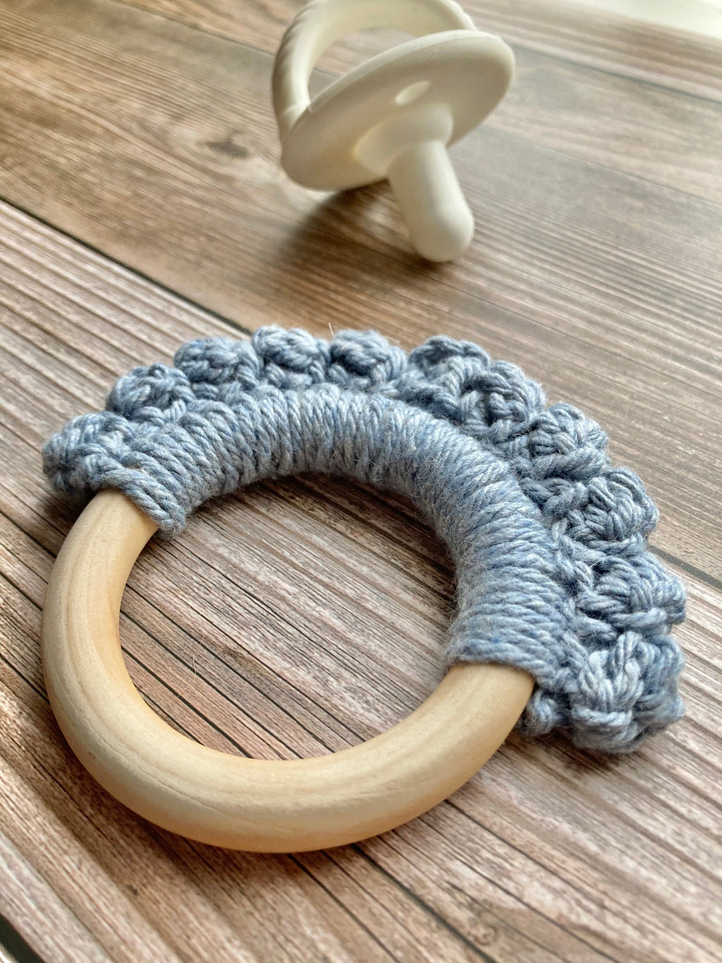 Crochet Baby Teether: Wooden Teething Toy, Stonewash Blue