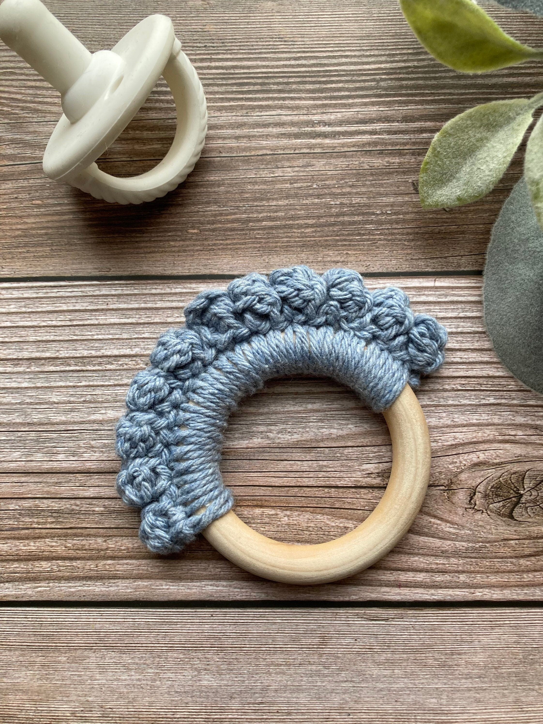 Crochet Baby Teether: Wooden Teething Toy, Stonewash Blue