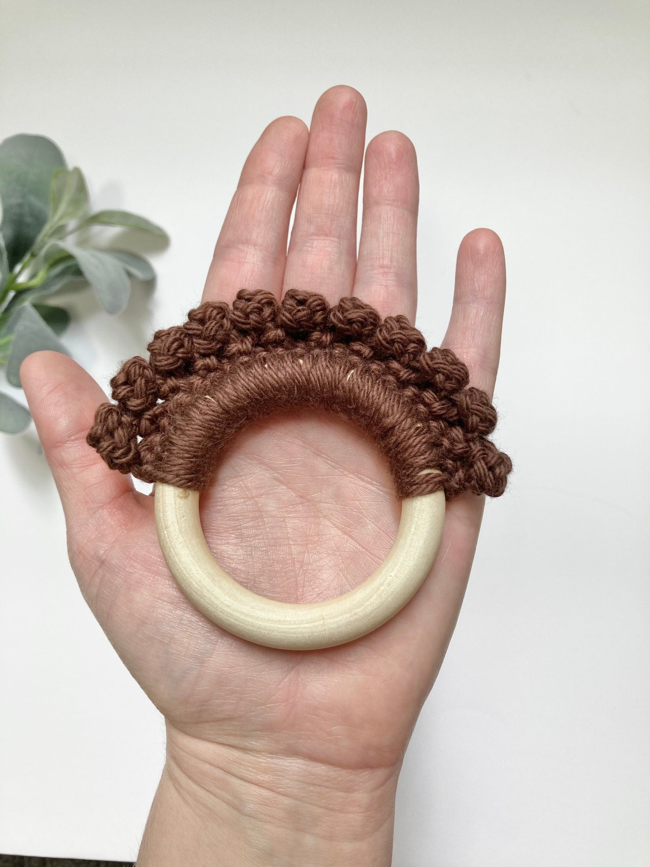 Crochet Baby Teether: Wooden Teething Toy, Brown Cotton Yarn