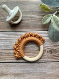 Crochet Baby Teether: Wooden Teething Toy, Antique Gold Cotton Yarn