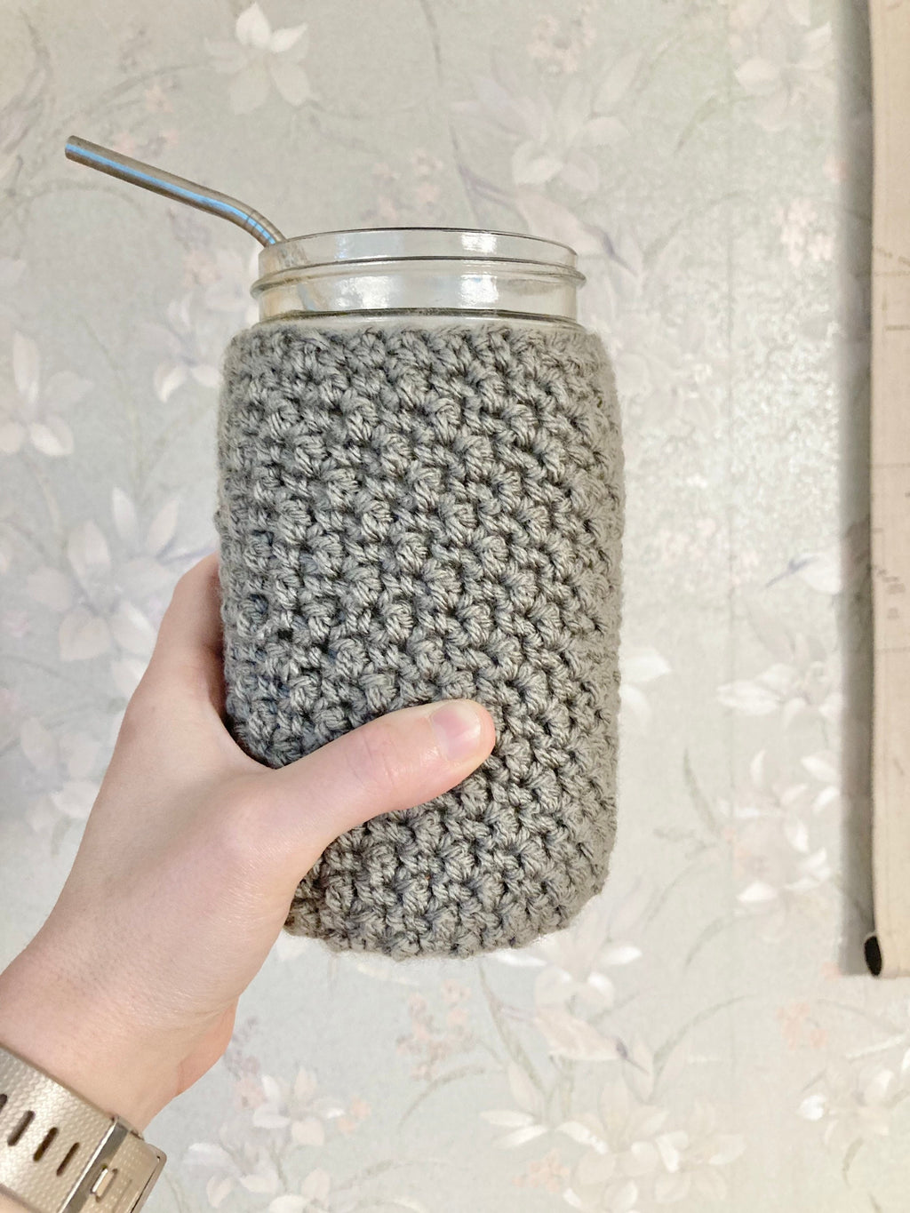 Gray Crochet Mason Jar Cozy: Boho Drink Sleeve