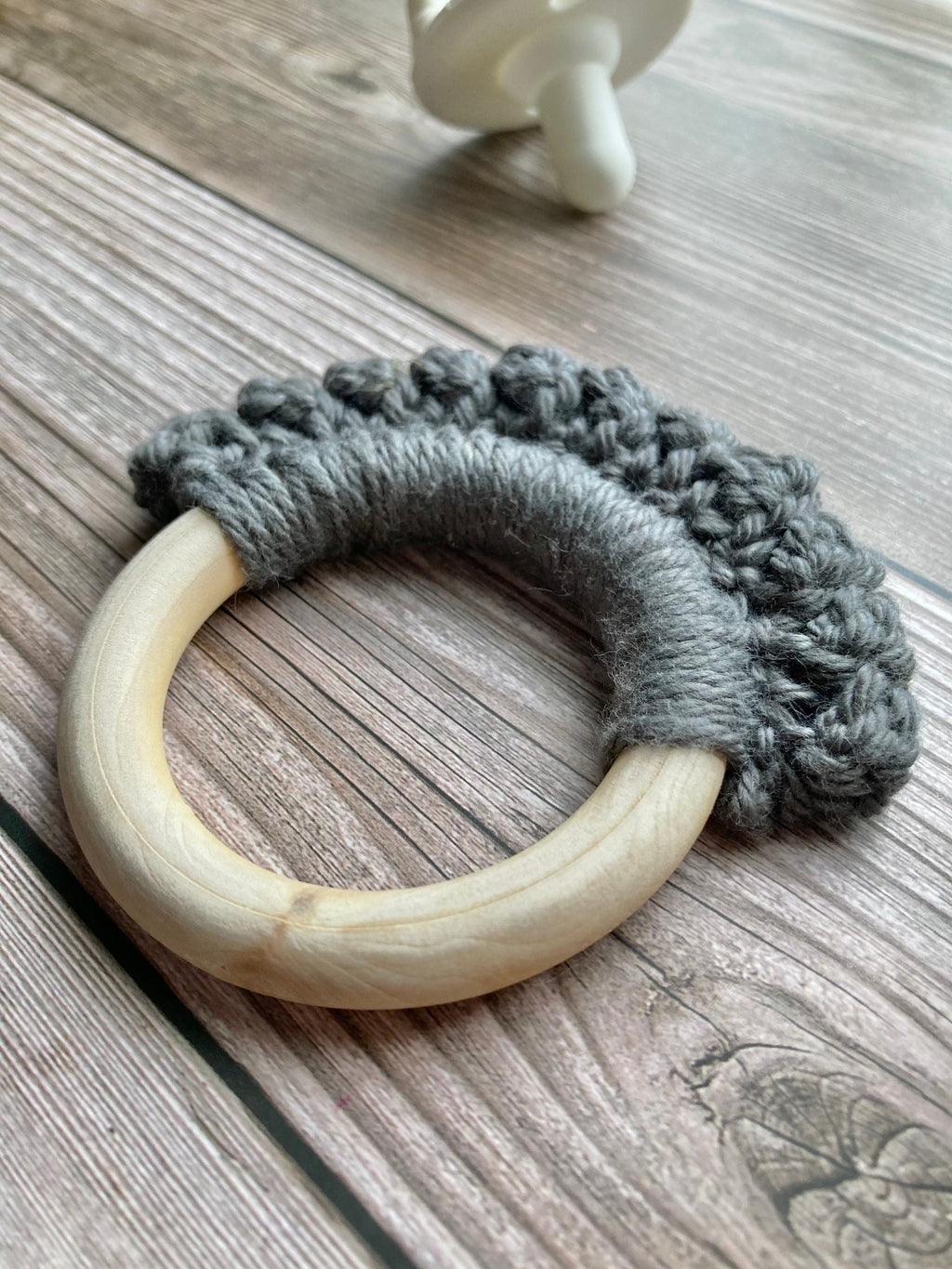 Crochet Baby Teether: Wooden Ring, Pewter Grey Cotton Yarn