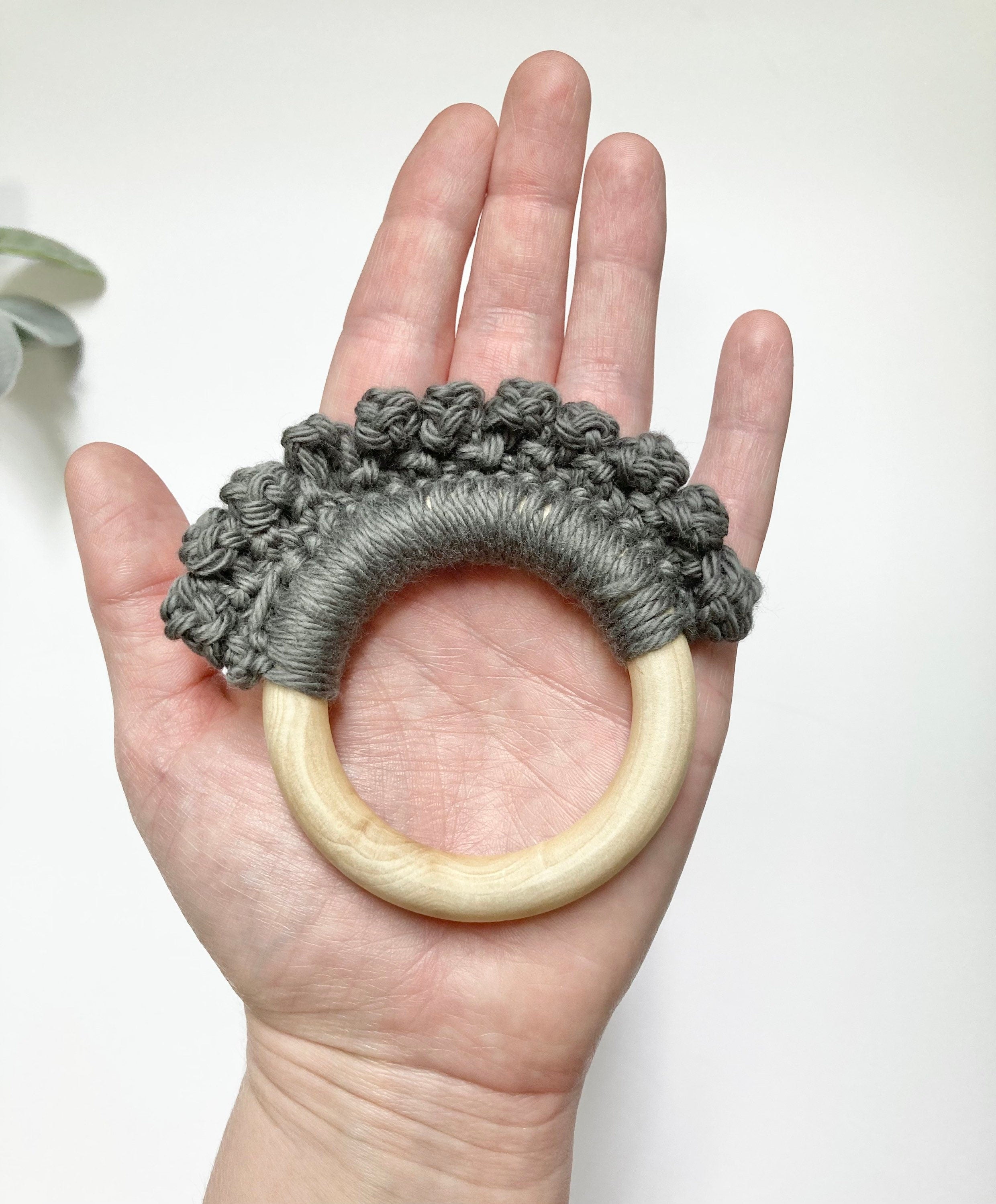 Crochet Baby Teether: Wooden Ring, Pewter Grey Cotton Yarn
