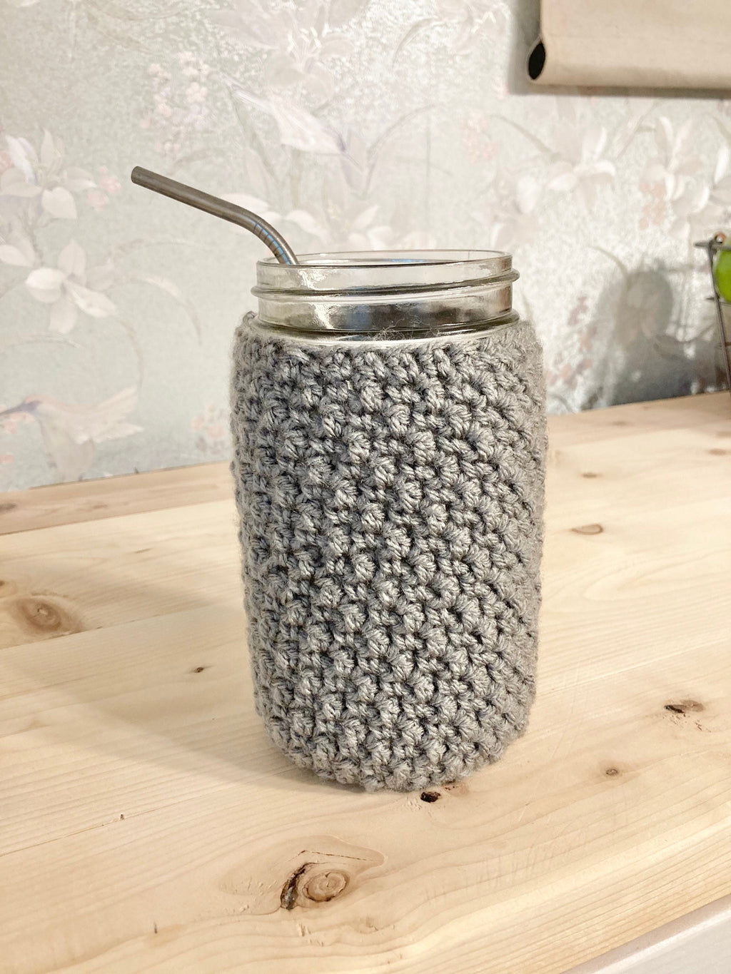 Gray Crochet Mason Jar Cozy: Boho Drink Sleeve