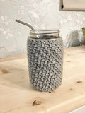 Gray Crochet Mason Jar Cozy: Boho Drink Sleeve