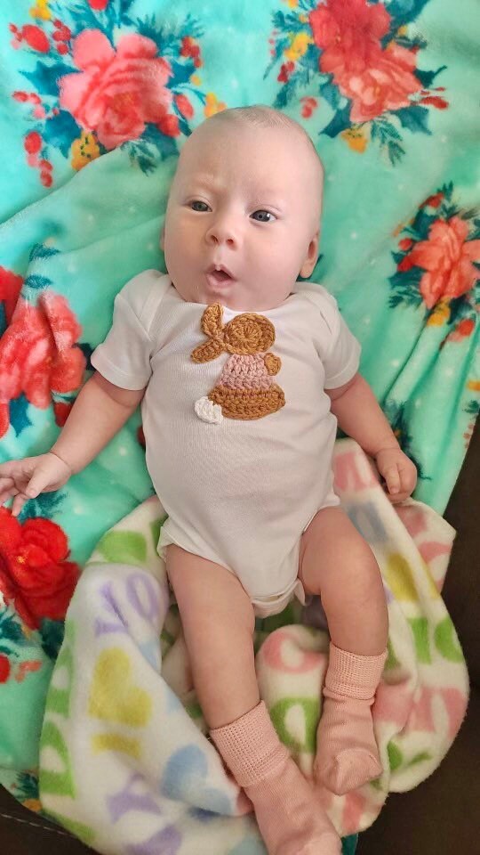 Crochet Cotton-tail Rabbit Applique Baby Onesie, Expecting Mom Gift