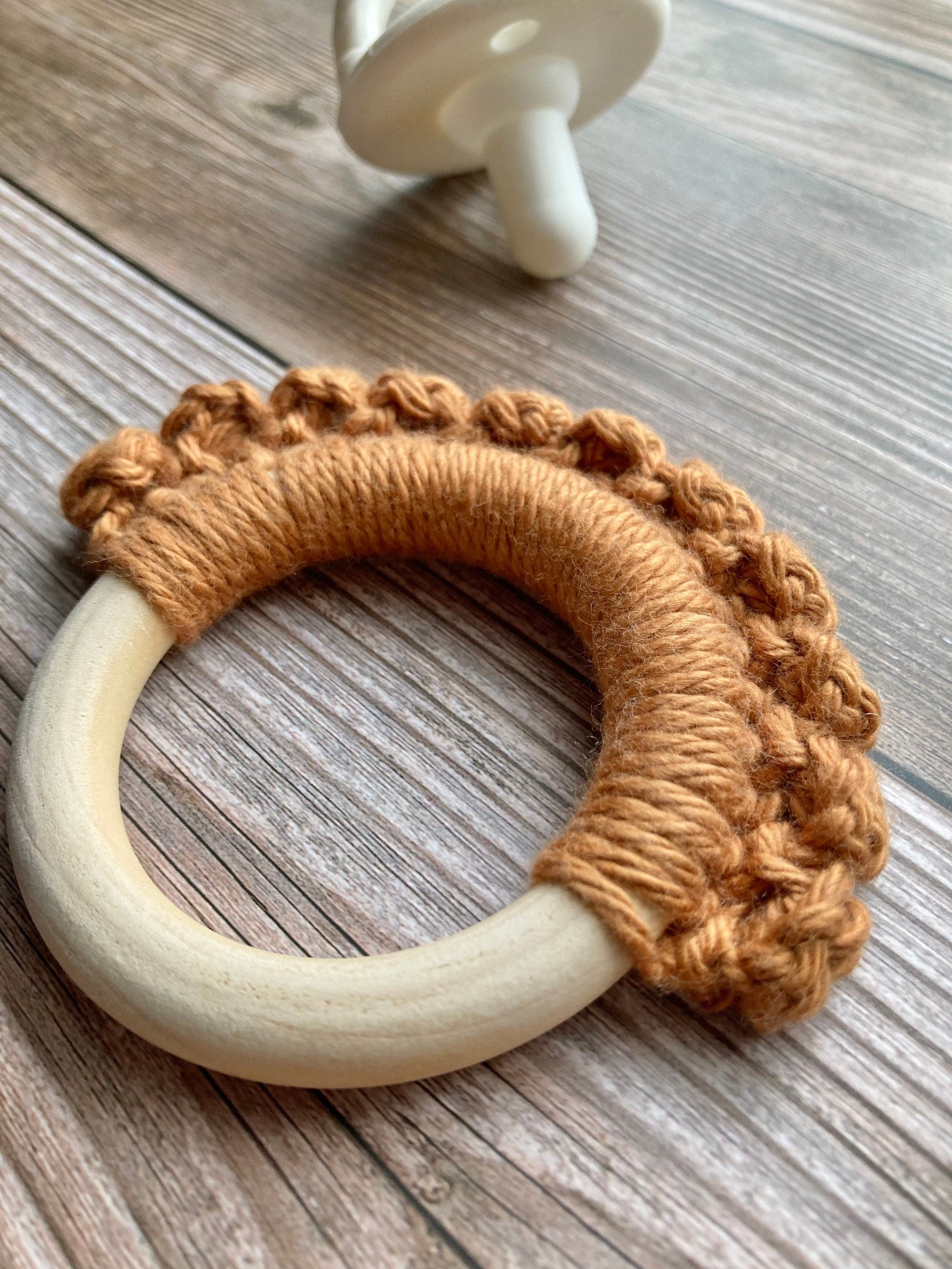 Crochet Baby Teether: Wooden Teething Toy, Antique Gold Cotton Yarn