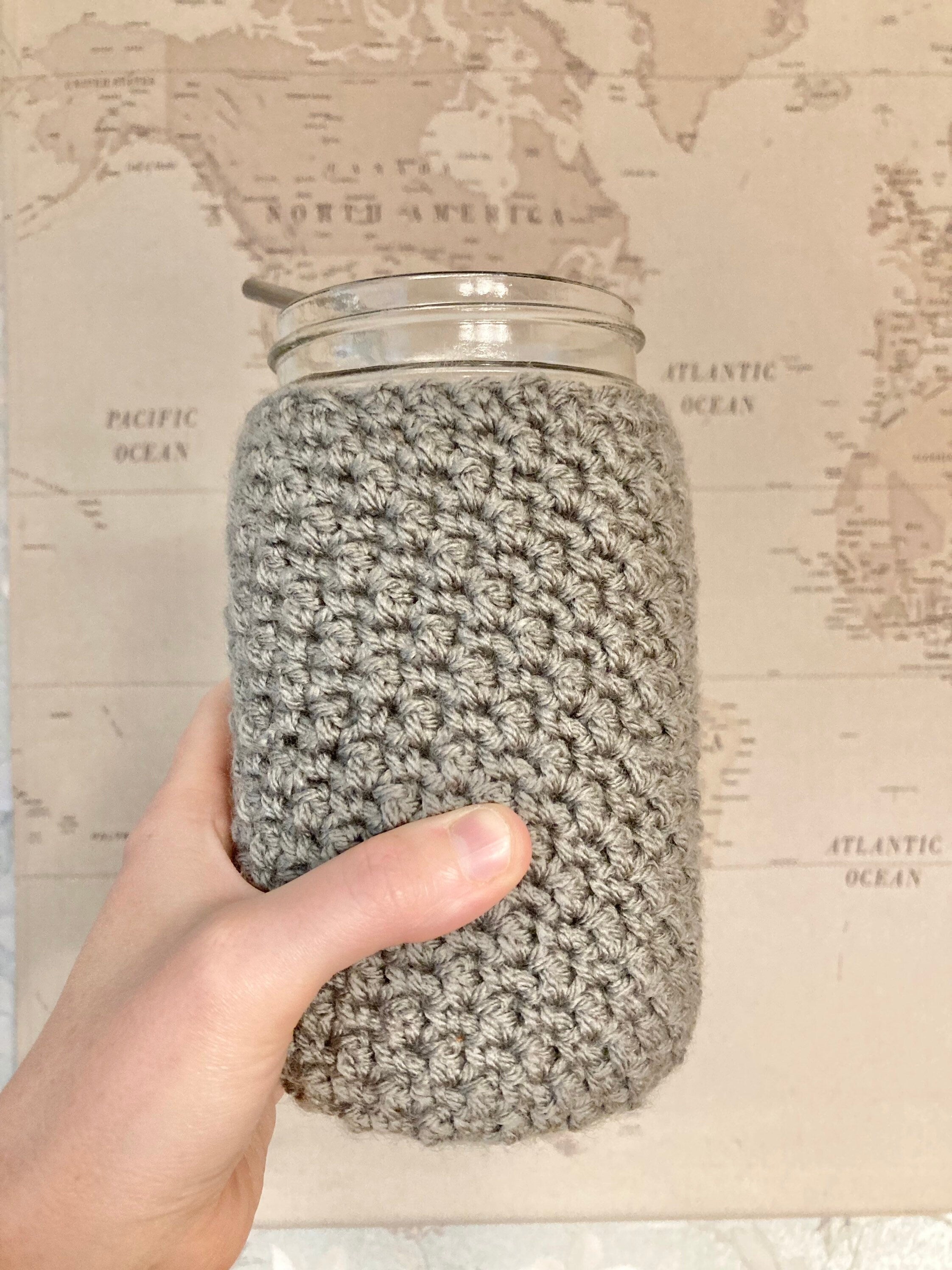 Gray Crochet Mason Jar Cozy: Boho Drink Sleeve