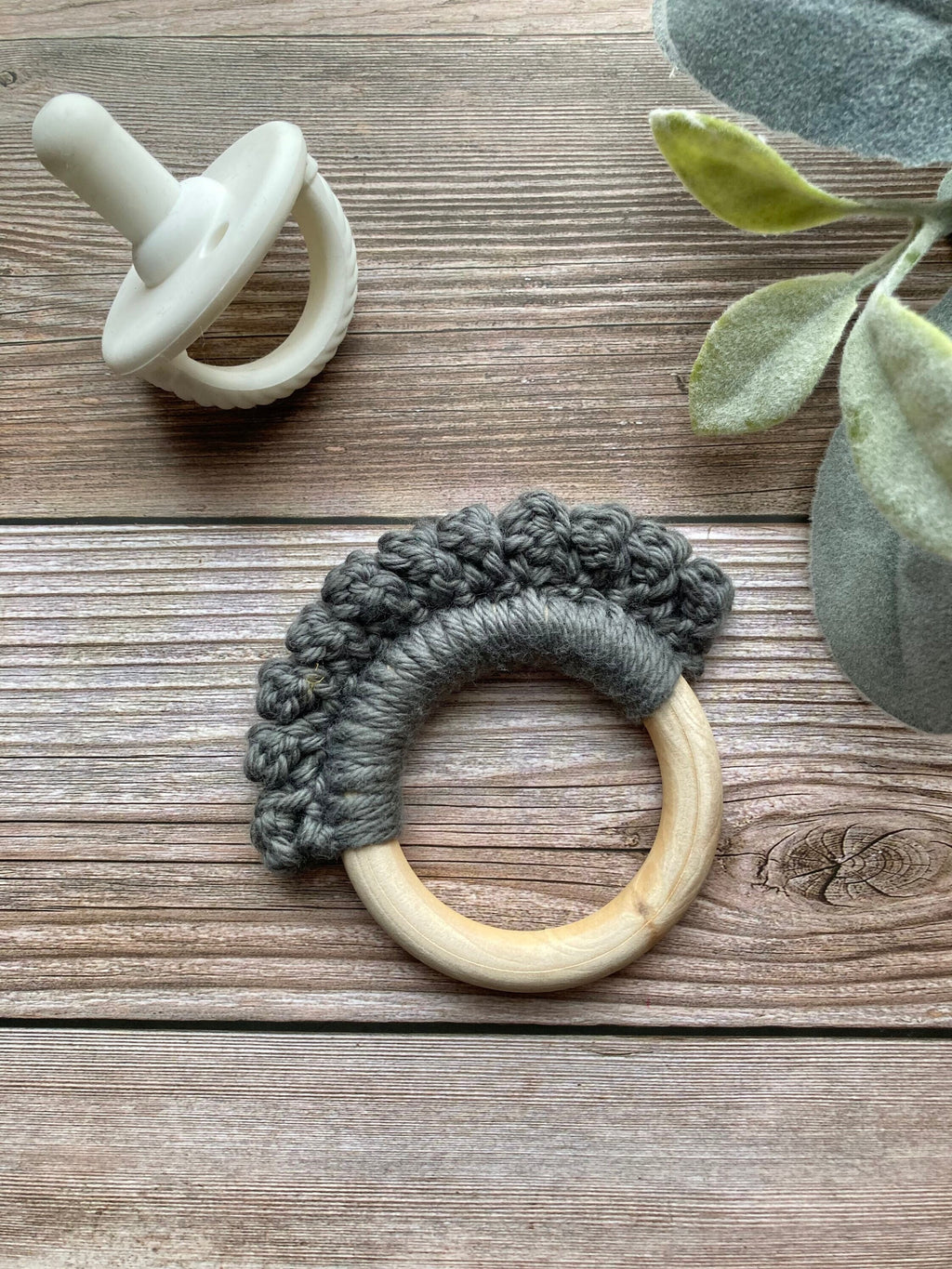 Crochet Baby Teether: Wooden Ring, Pewter Grey Cotton Yarn