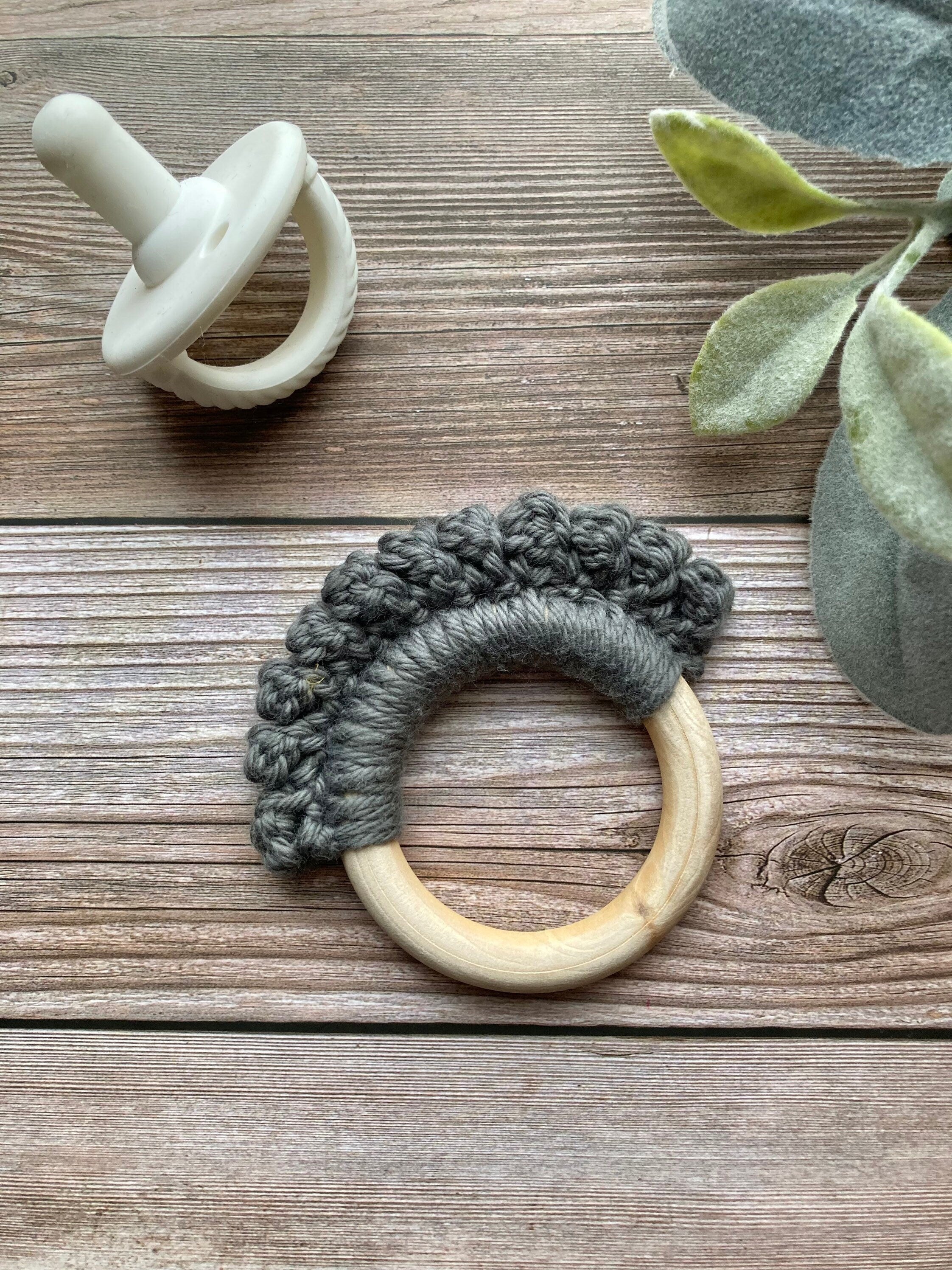 Crochet Baby Teether: Wooden Ring, Pewter Grey Cotton Yarn