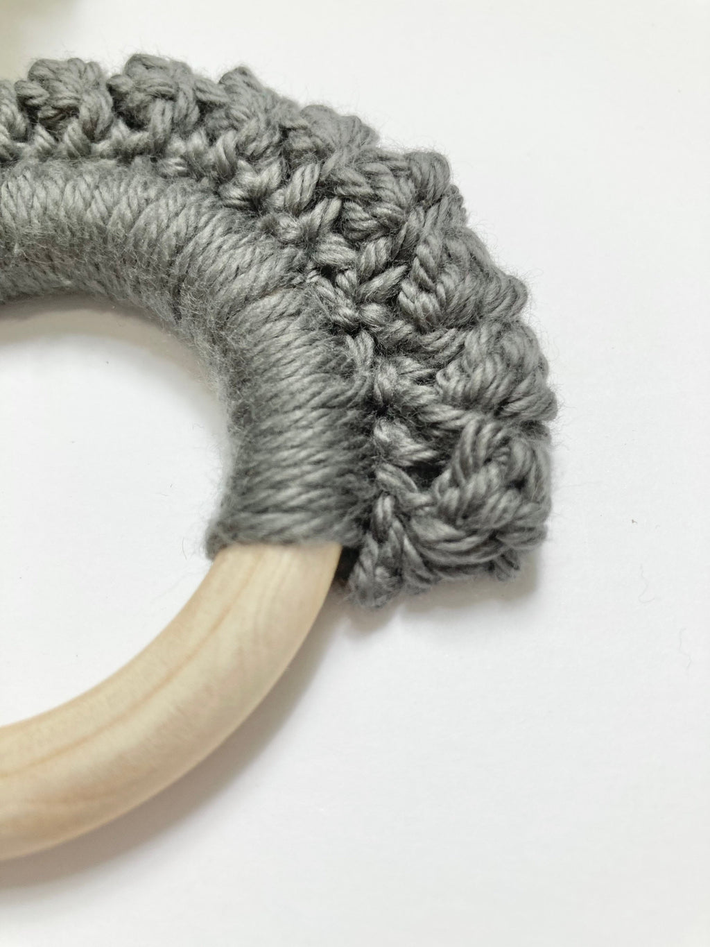 Crochet Baby Teether: Wooden Ring, Pewter Grey Cotton Yarn