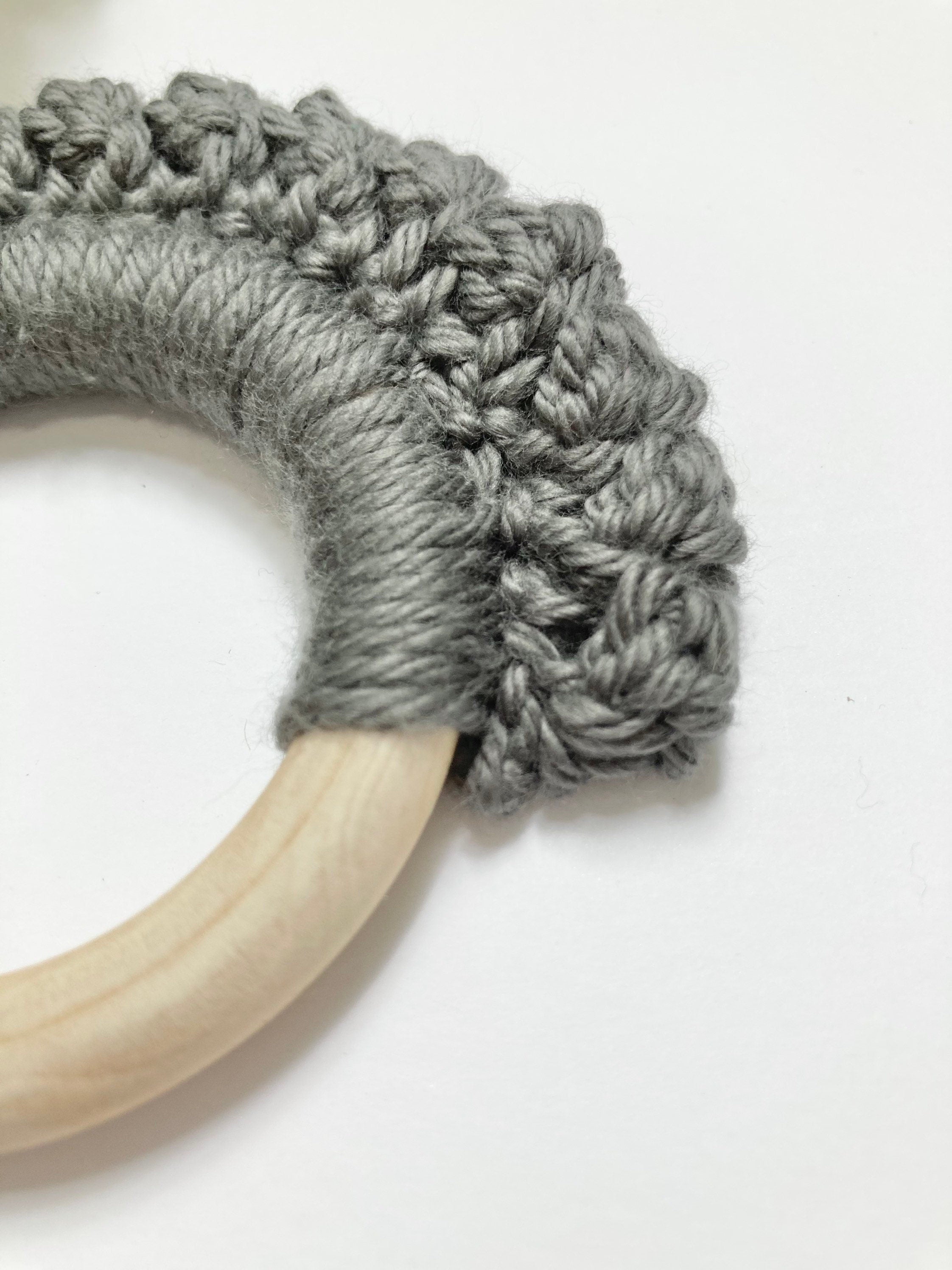 Crochet Baby Teether: Wooden Ring, Pewter Grey Cotton Yarn