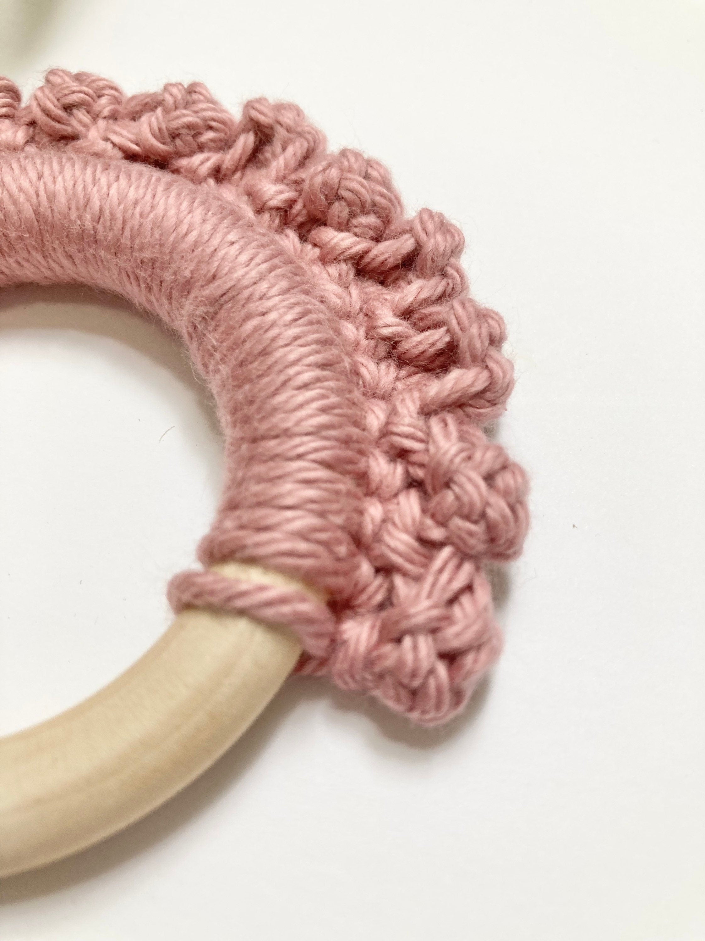 Crochet Baby Teether: Wooden Teething Toy, Rosy Cotton Yarn