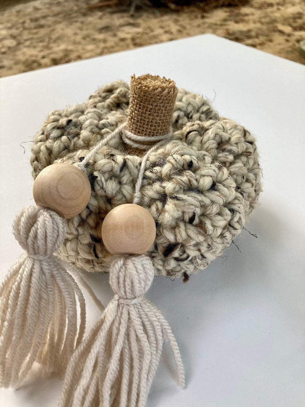 Oatmeal Crochet Pumpkin Decor, Burlap Stem, Boho Fall Decor