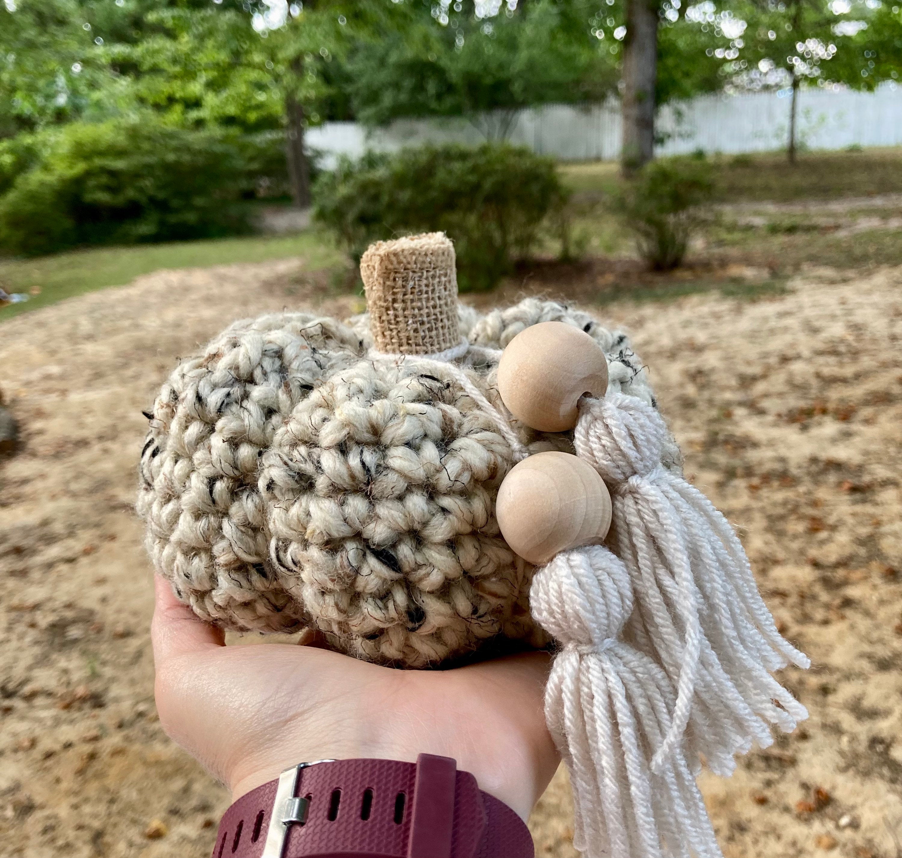 Oatmeal Crochet Pumpkin Decor, Burlap Stem, Boho Fall Decor