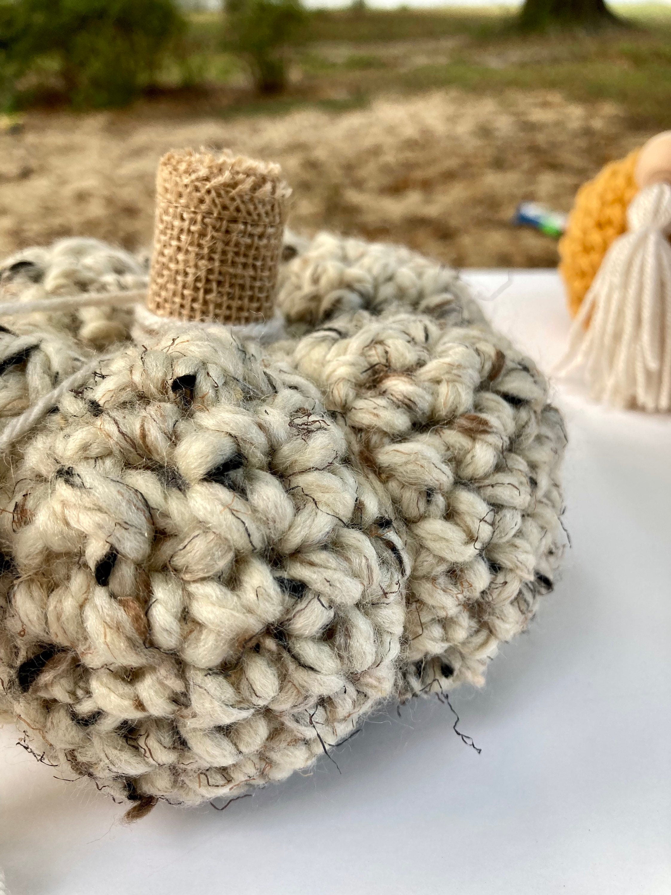 Oatmeal Crochet Pumpkin Decor, Burlap Stem, Boho Fall Decor