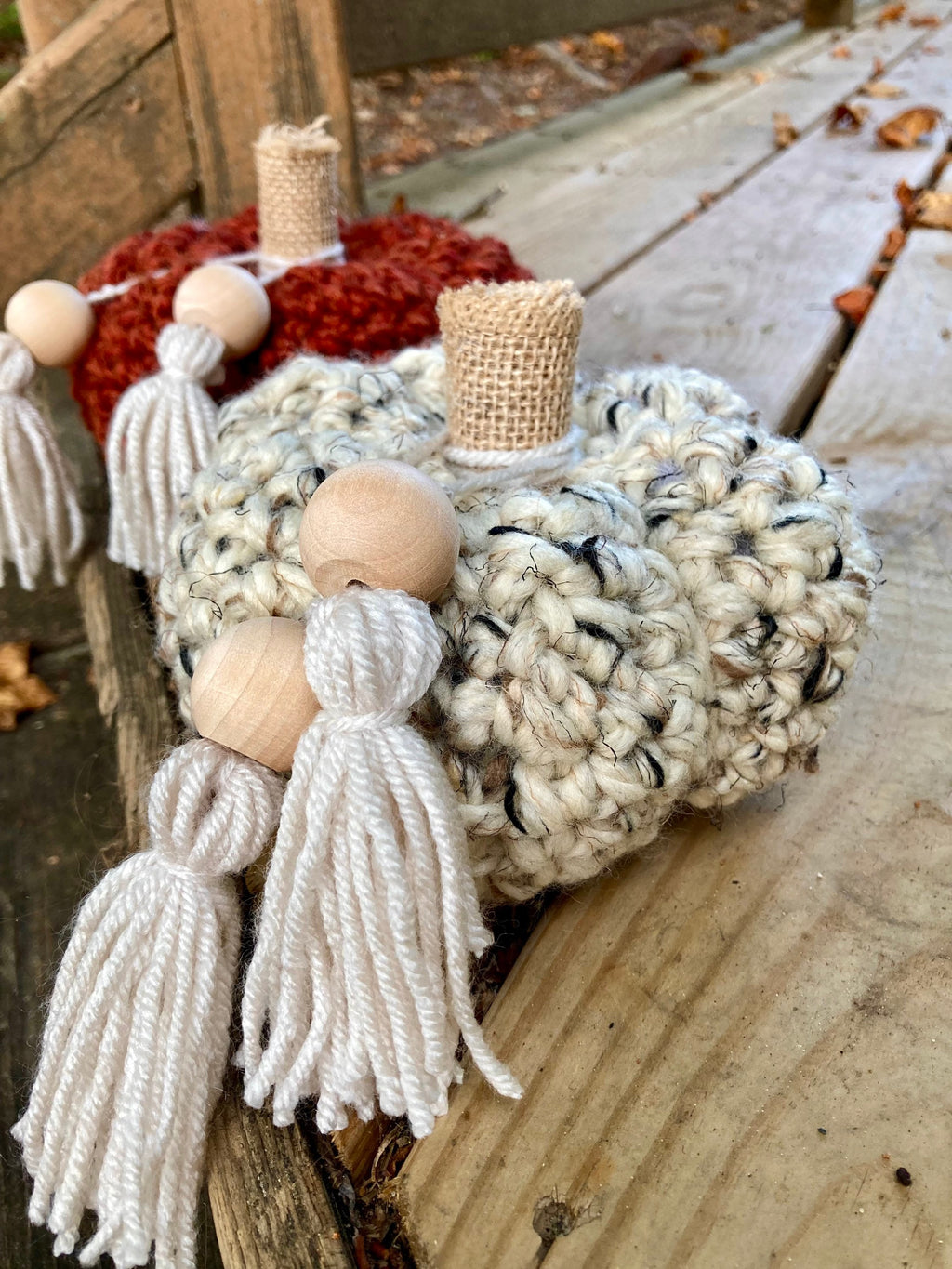 Oatmeal Crochet Pumpkin Decor, Burlap Stem, Boho Fall Decor