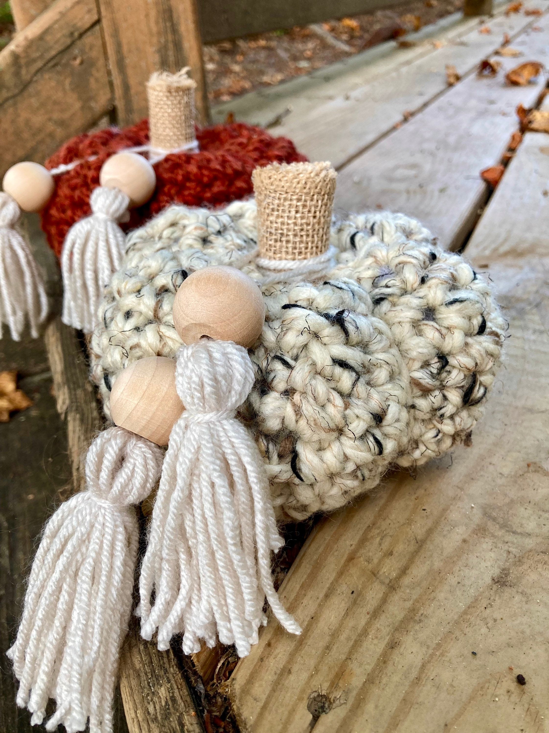 Oatmeal Crochet Pumpkin Decor, Burlap Stem, Boho Fall Decor
