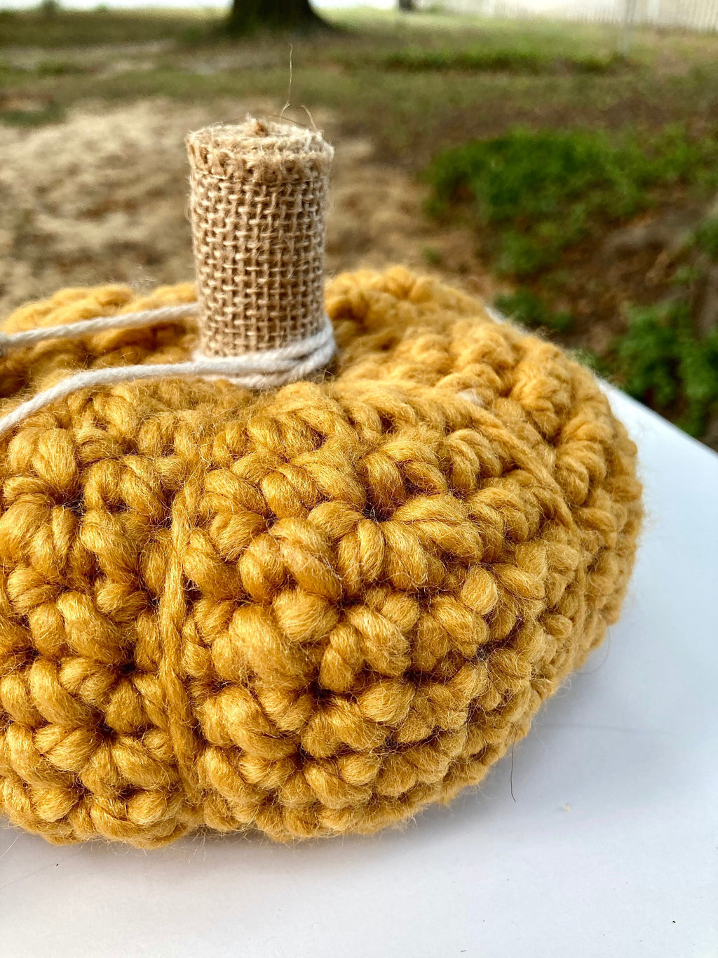 Mustard Crochet Pumpkin Decor, Burlap Stem, Boho Fall Decor