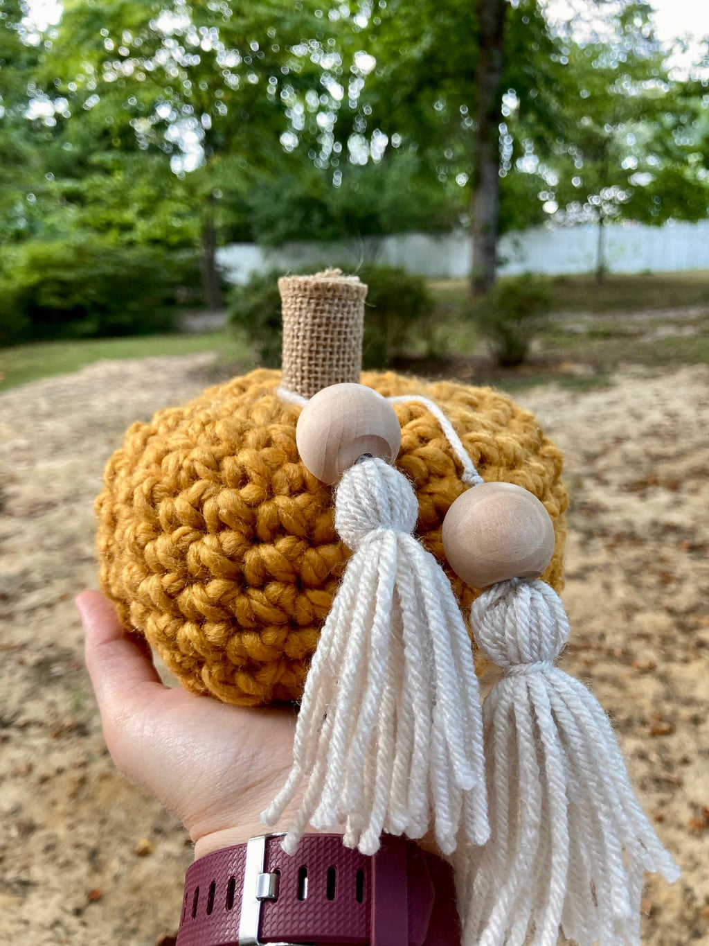 Mustard Crochet Pumpkin Decor, Burlap Stem, Boho Fall Decor